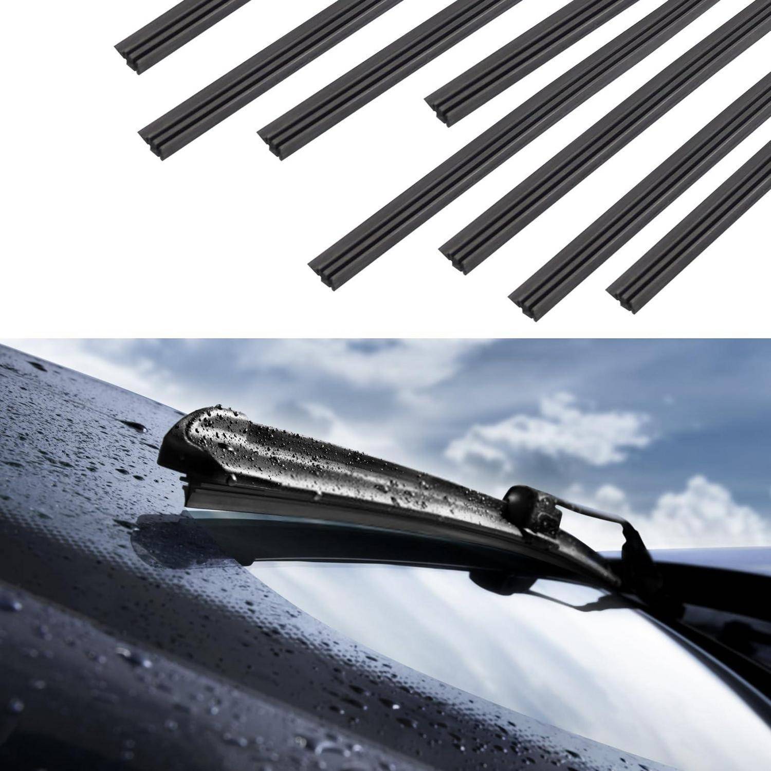 Schwarze Scheibenwischergummi-Einsätze oben abgebildet, darunter ein Wischer, der Regen von einer Autoscheibe entfernt.