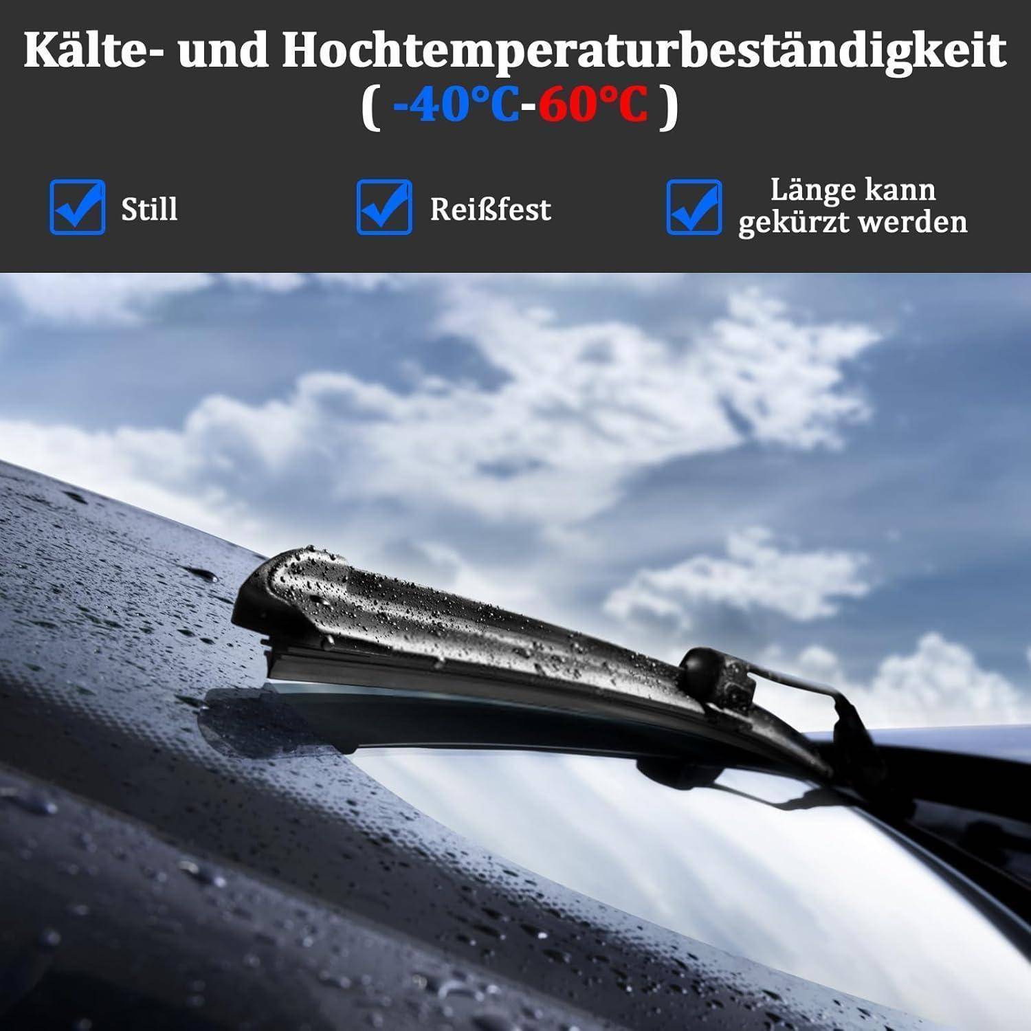 Deutsches Werbeanzeige mit einem Scheibenwischer im Regen; der Text besagt kälte- und hitzebeständig von -40°C bis 60°C, noch immer, reißfest und kann gekürzt werden.