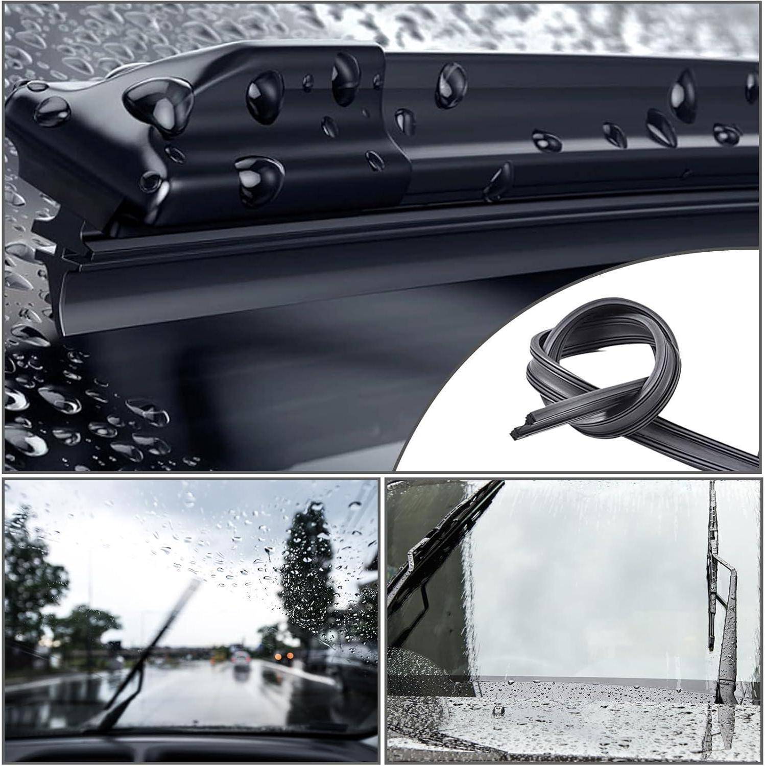 Collage mit Scheibenwischern, die Regenwasser abwischen, einschließlich einer Nahaufnahme des Wischblatts und zwei Aussichten aus dem Inneren eines Autos bei starkem Regen.
