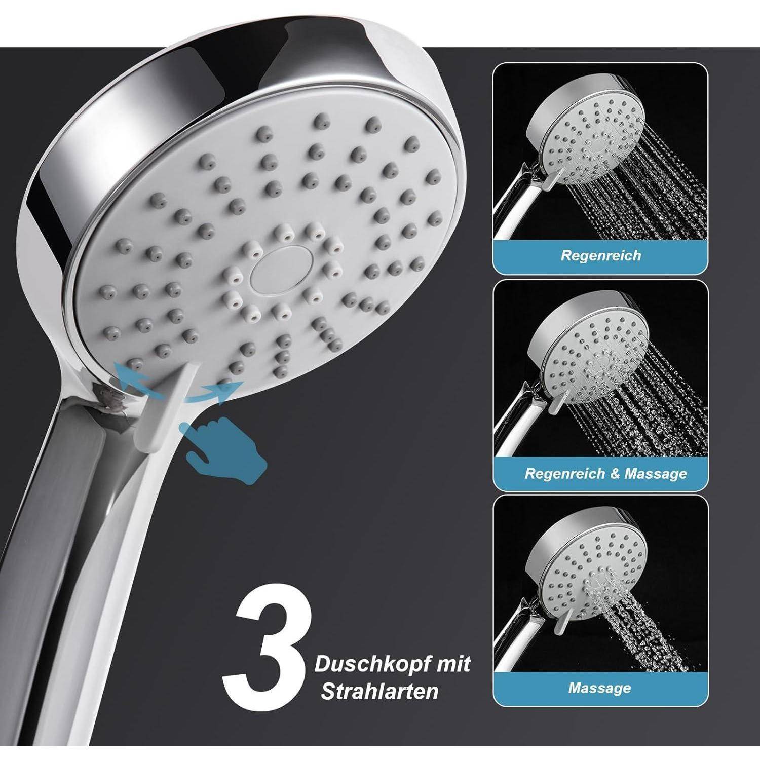 Produktbild einer Duschkopf mit 3 Sprüheinstellungen: Regen, Regen und Massage, und Massage.