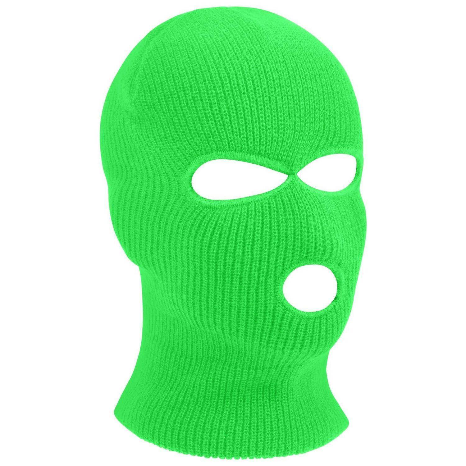 Leuchtend grüne gestrickte Skimaske mit Augen- und Mundöffnungen, vor einem schlichten weißen Hintergrund dargestellt.