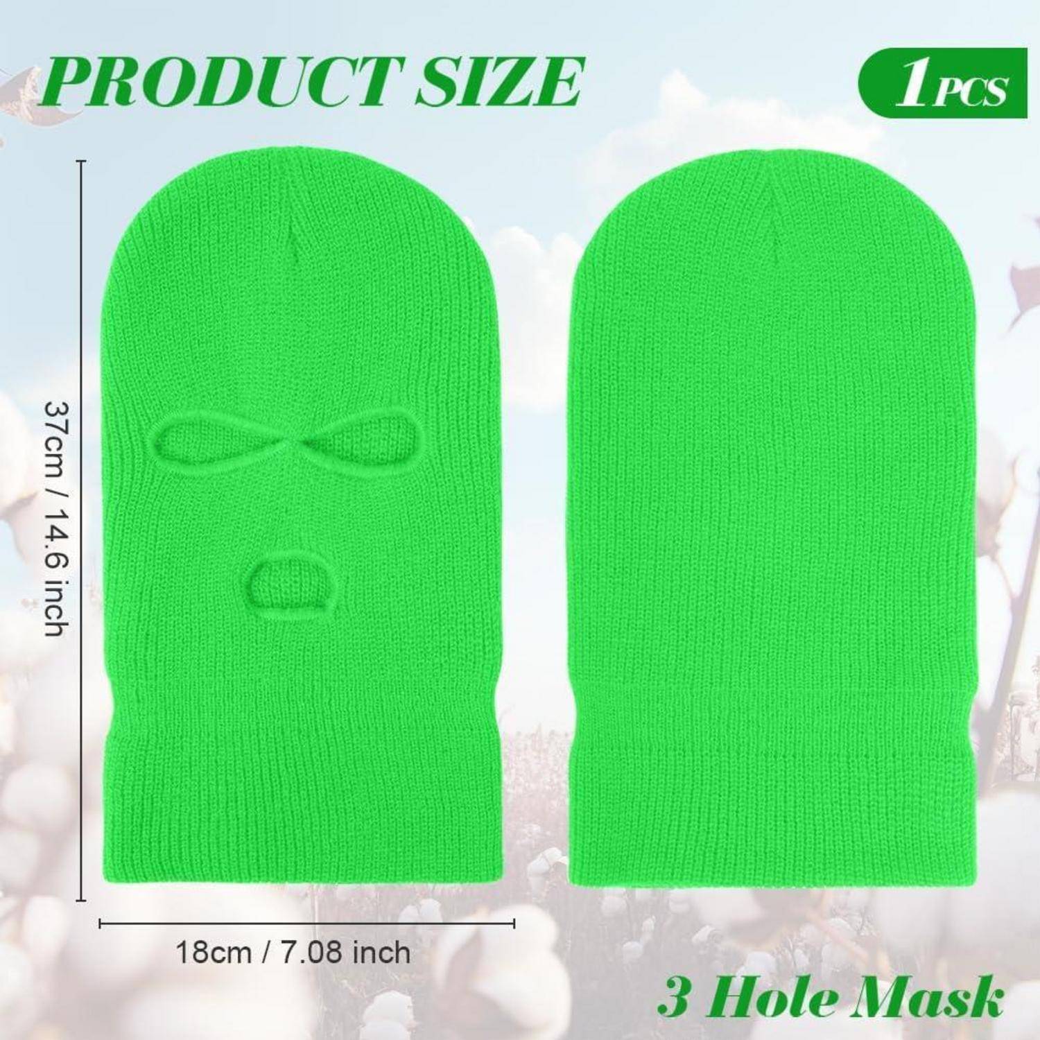Produktgrößendiagramm für eine grüne 3-Loch-Skimütze, dargestellt von vorne und hinten, mit einer Höhe von 37 cm und einer Breite von 18 cm, 1 Stück.