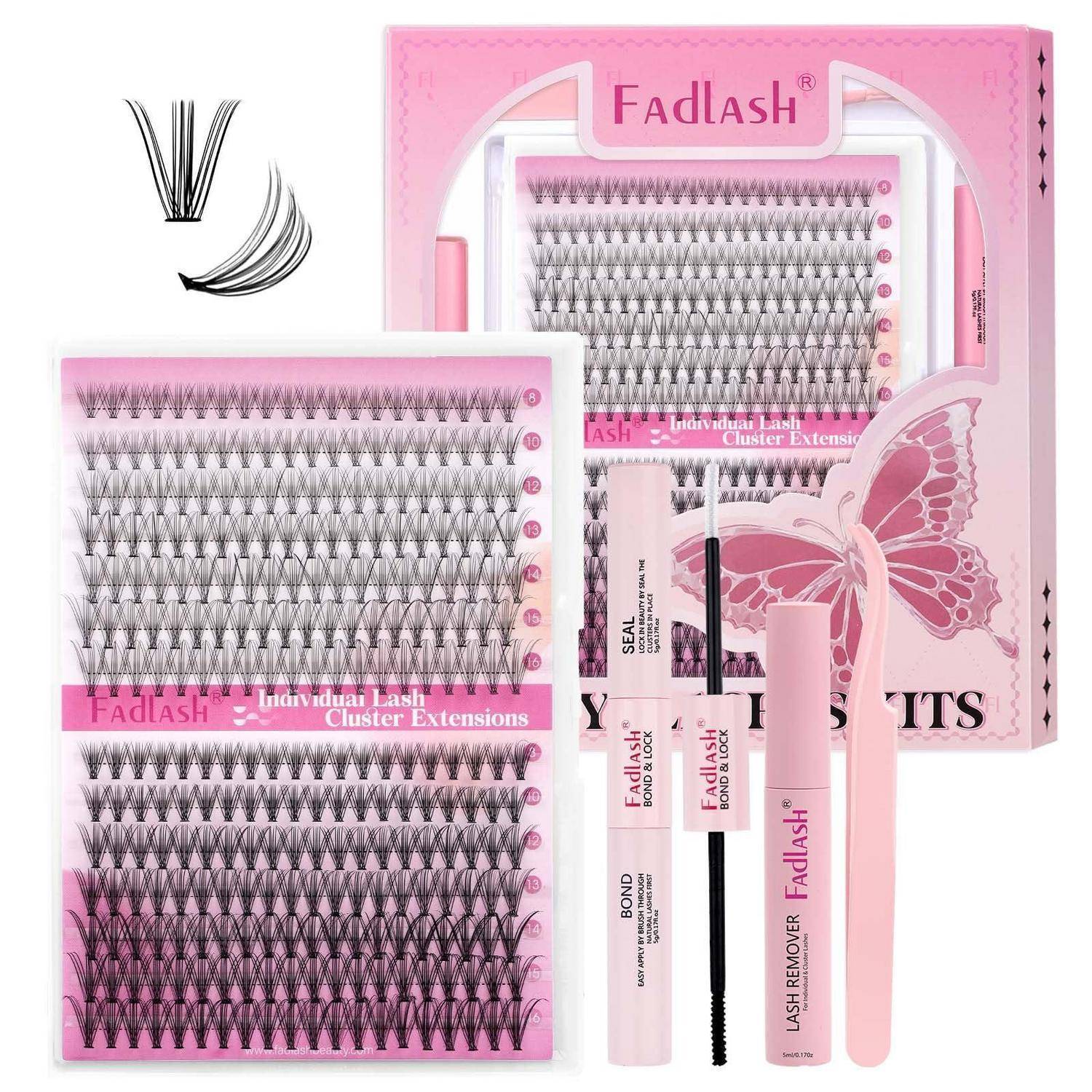Pink Fadlash Individual- und Cluster-Wimpernverlängerungs-Set mit Wimpernpaletten, Applikator-Pinzetten, Kleber, Versiegelung, Entferner und Wimpernbürste.