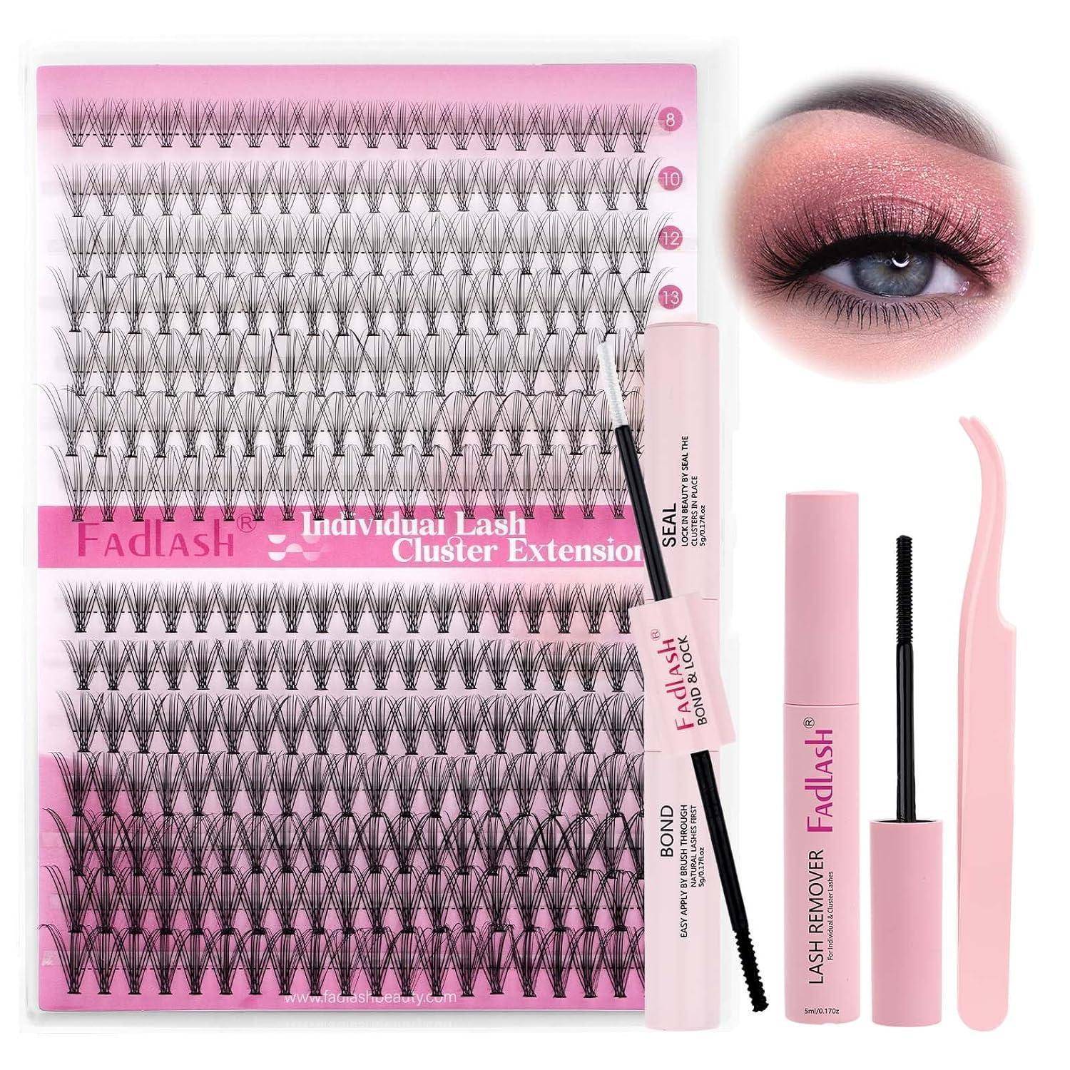 Pink Fadlash Wimpernverlängerungs-Set mit einzelnen Cluster-Wimpern, Wimpernentferner, Bond, Maskara-Stab, Applikator und Beispiel für Augenmake-up.