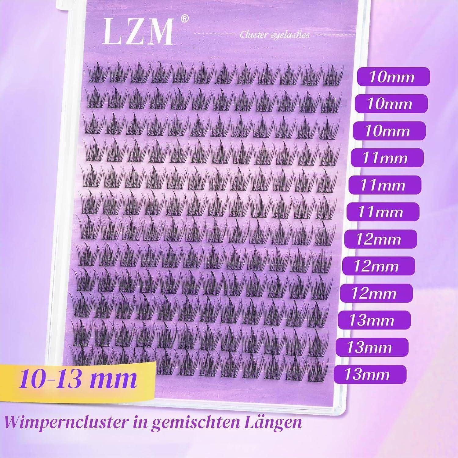 Packung mit LZM-Cluster-Wimpern in gemischten Längen 10-13 mm, zeigt Reihen von künstlichen Wimpernbündeln und Längenetiketten.
