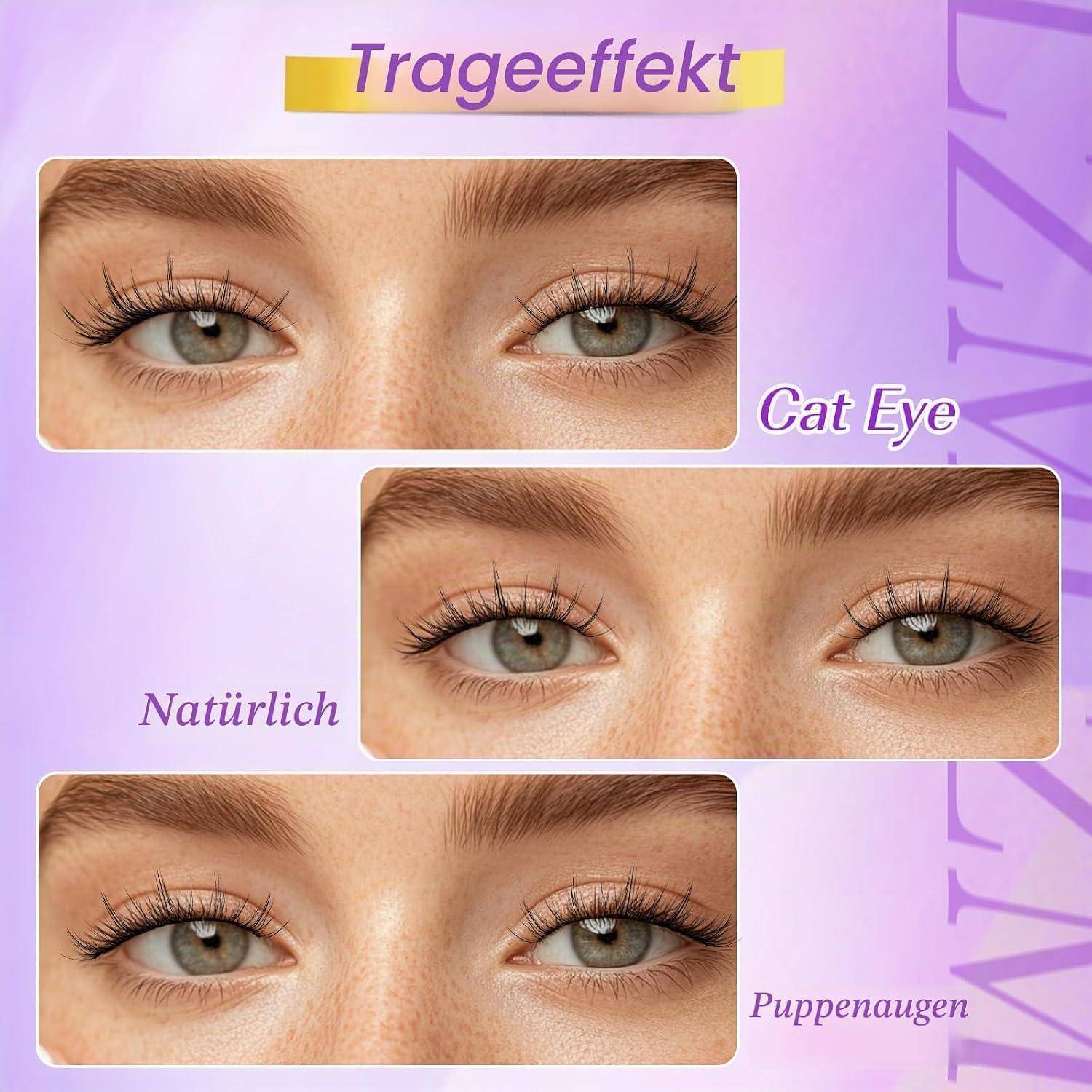 Vergleich der Make-up-Effekte mit Nahaufnahmen von Augen mit den Bezeichnungen „Cat Eye