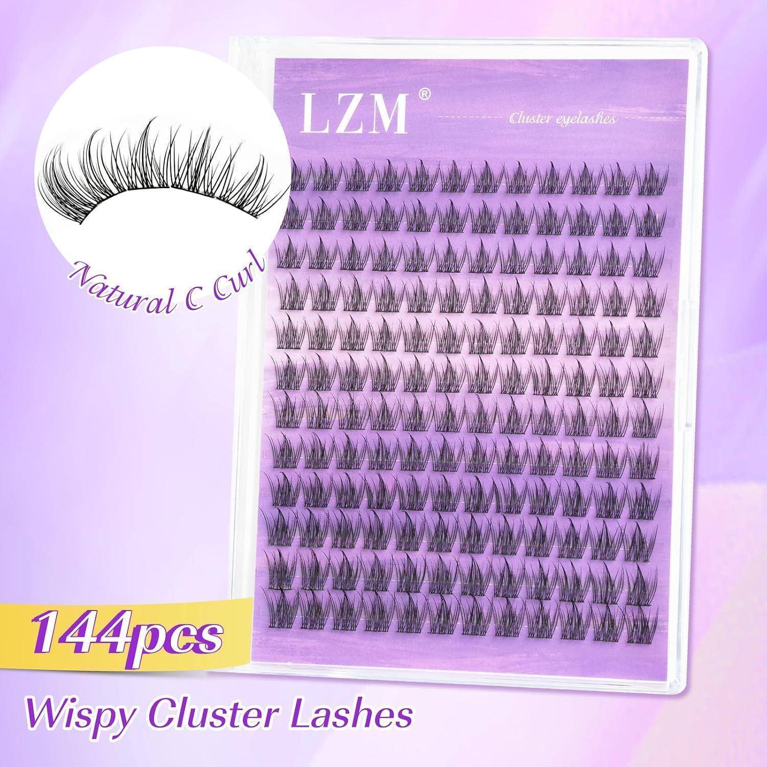 Verpackung für LZM Wispy Cluster Lashes, zeigt Natural C Curl Wimperncluster und Menge von „144 Stück