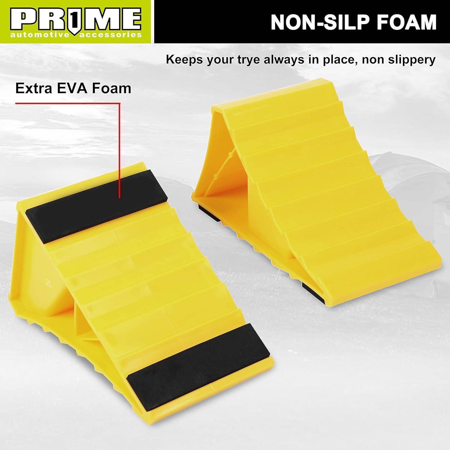 Werbebild von gelben rutschfesten Schaumstoff-Reifenkeilen, mit den Bezeichnungen „NON-SLIP FOAM