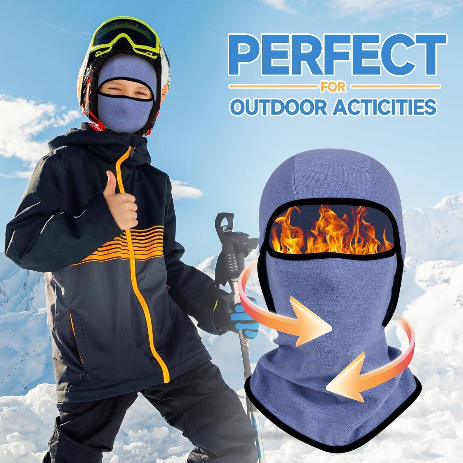 Werbebild eines Skifahrers in Winterkleidung neben einer beheizten Gesichtsmaske mit dem Text „PERFEKT FÜR OUTDOOR-AKTIVITÄTEN".