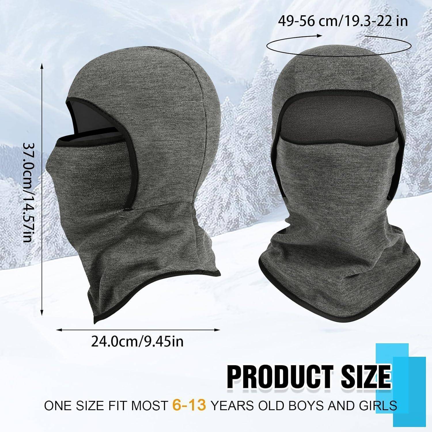 Größentabelle für eine graue Winterbalaclava-Haube: 37 cm hoch, 24 cm breit, passt auf Kopfumfang 49-56 cm, Einheitsgröße für Alter 6-13 Jahre.