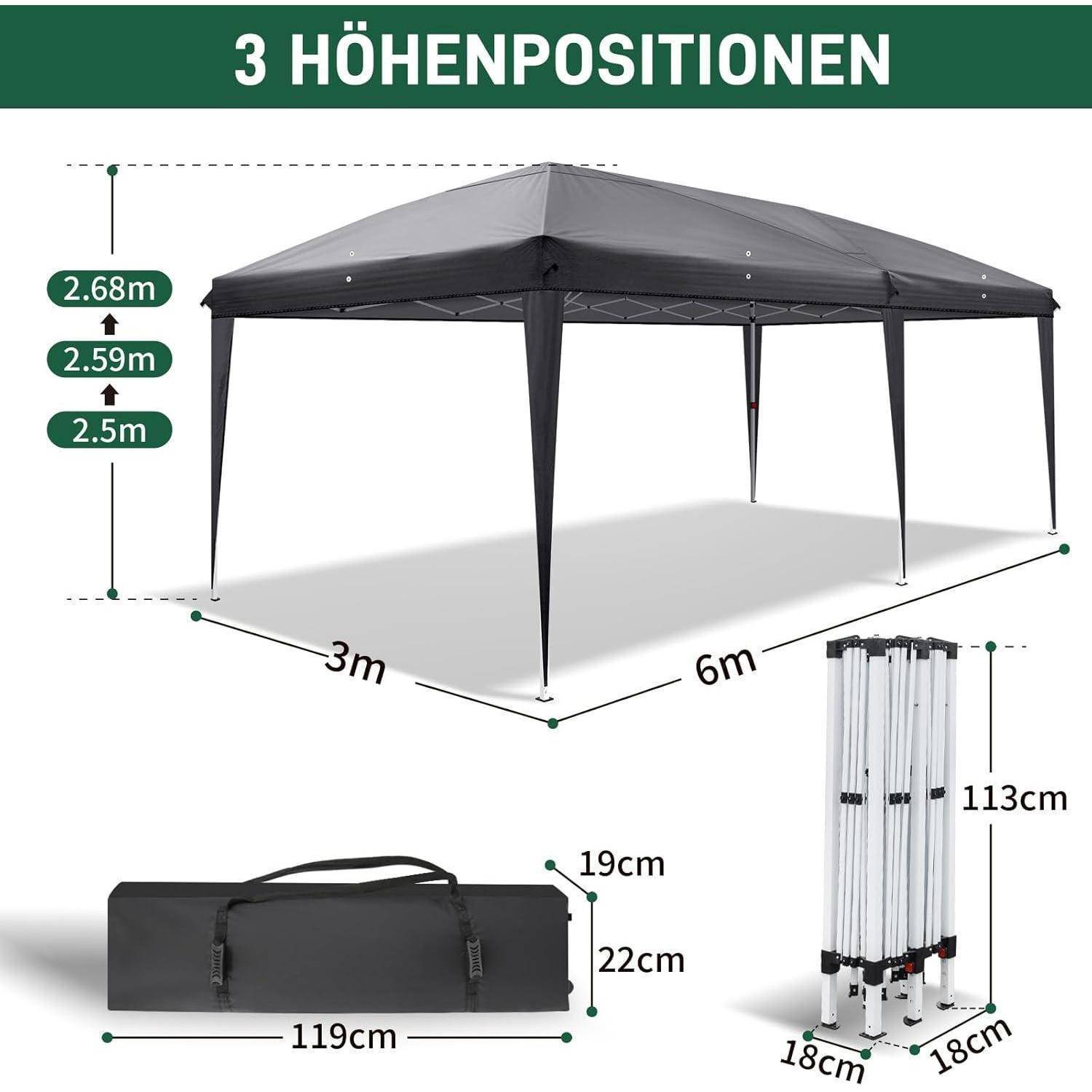 Pop-up-Kuppelzelt mit drei Höheneinstellungen: 2,5 m, 2,59 m und 2,68 m; Grundfläche 3 m mal 6 m; Tragetasche und Abmessungen des zusammengeklappten Rahmens dargestellt.