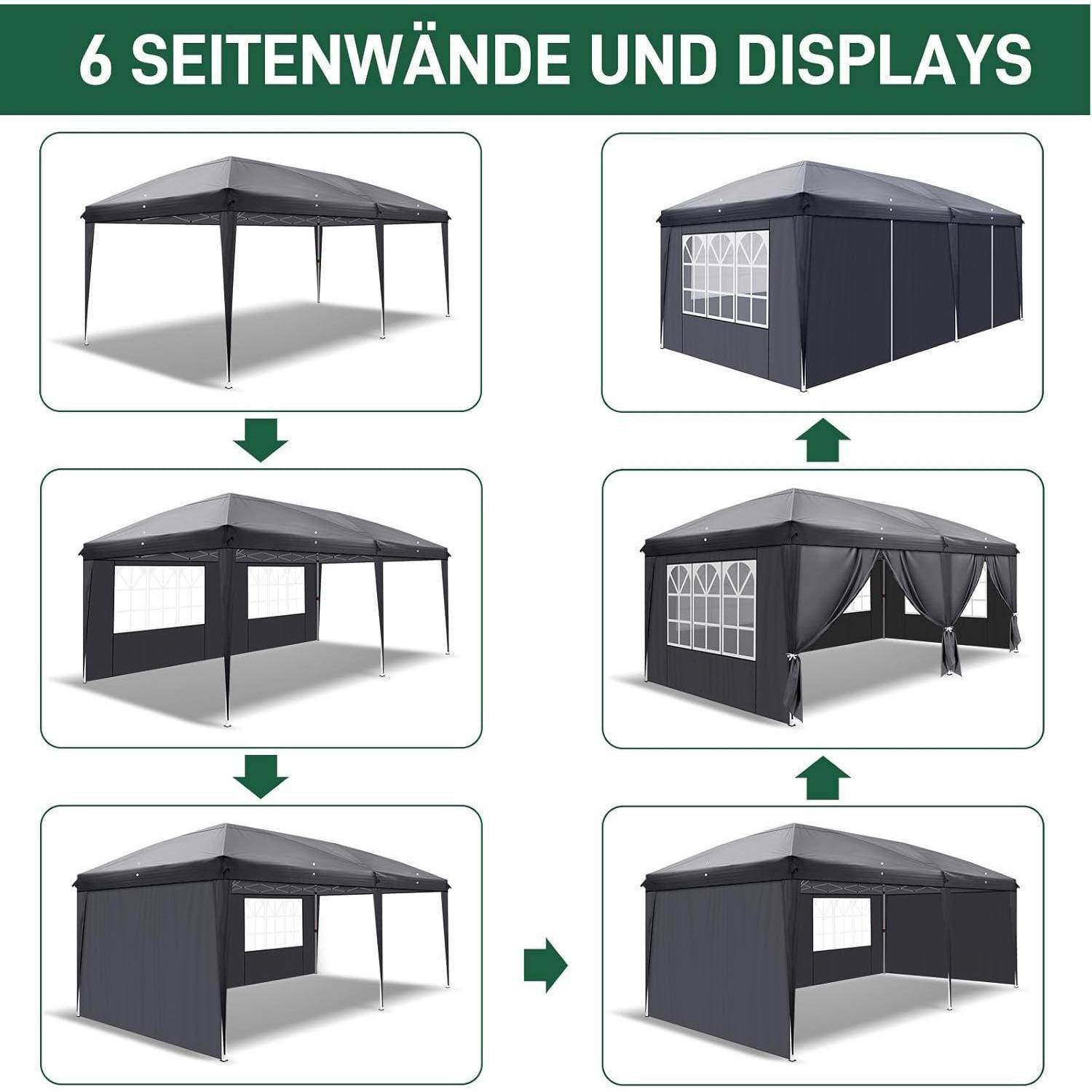 Diagramm zeigt sechs Zeltwand- und Displaykonfigurationen für ein Pop-up-Zelt mit hinzugefügten oder entfernten Paneelen von offen bis vollständig geschlossen.