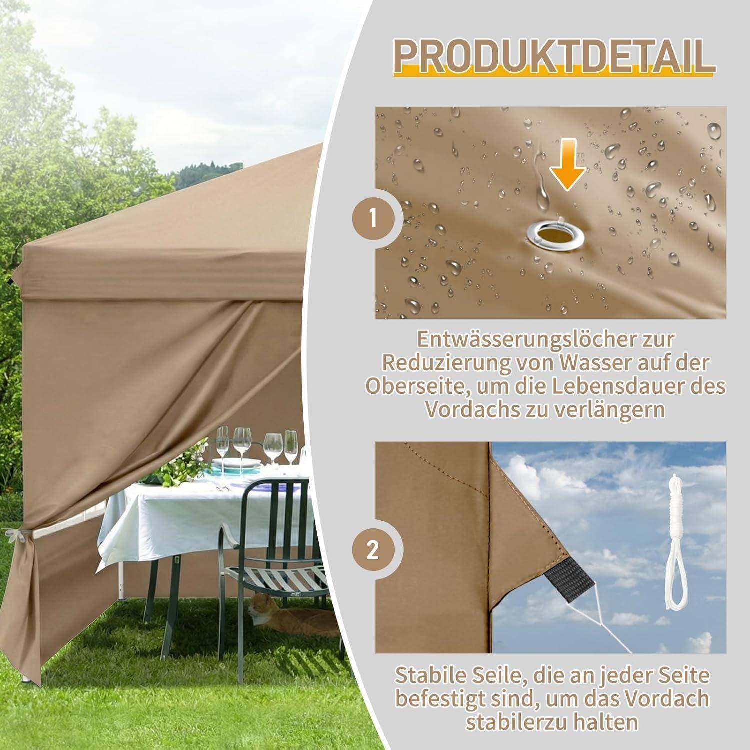 Outdoor-Pavillon mit beigefarbenem Dach und Seitenwand, sowie deutsche Produktdetails, die Ablöcher zur Wassereduzierung und stabile Seile für zusätzliche Stabilität zeigen.