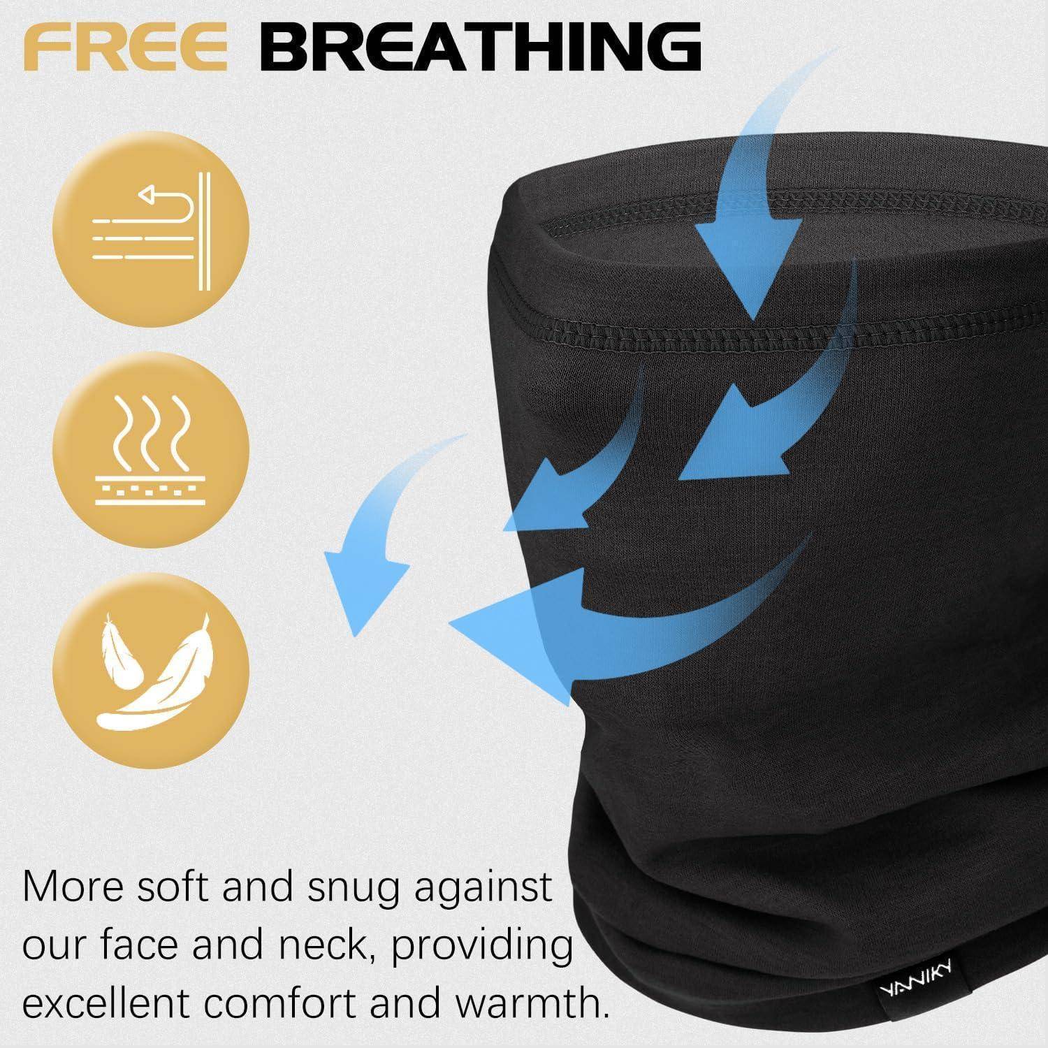 Schwarzer Halswärmer mit blauen Luftstrompfeilen und Symbolen, beschriftet mit „FREE BREATHING
