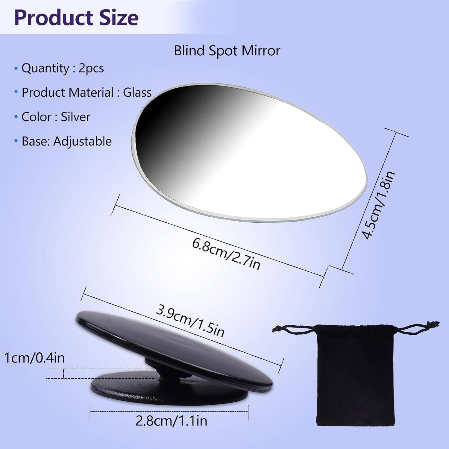 Produktgrößen-Diagramm für einen silbernen verstellbaren Toterwinkel-Spiegel mit Spiegeldimensionen von 6,8 x 4,5 cm und einer Basis von 3,9 x 2,8 cm, Beutel inklusive.