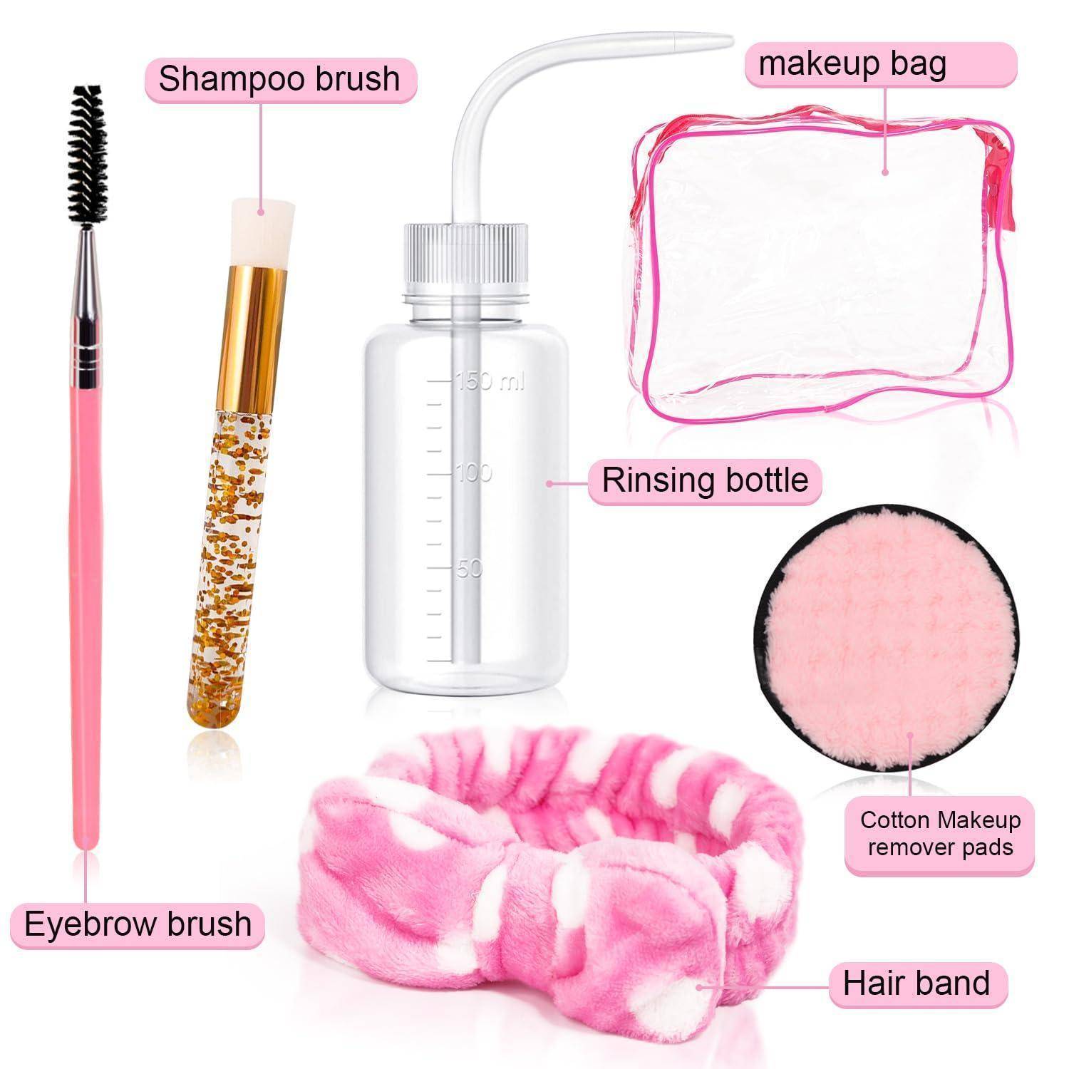 Rosa Makeup- und Beauty-Set mit Augenbrauenbürste, Shampoo-Bürste, Spülflache, Kosmetiktasche, Wattepads zum Abschminken und Haarband.