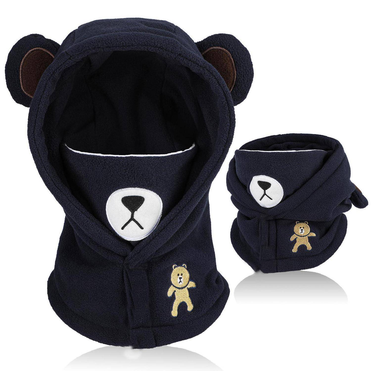 Marineblaue, bärthematisierte Baby-Kapuzenwrap mit Ohren, weißem Schnauze und kleiner Teddybär-Stickerei, gezeigt in Vorder- und gefalteter Seitenansicht.
