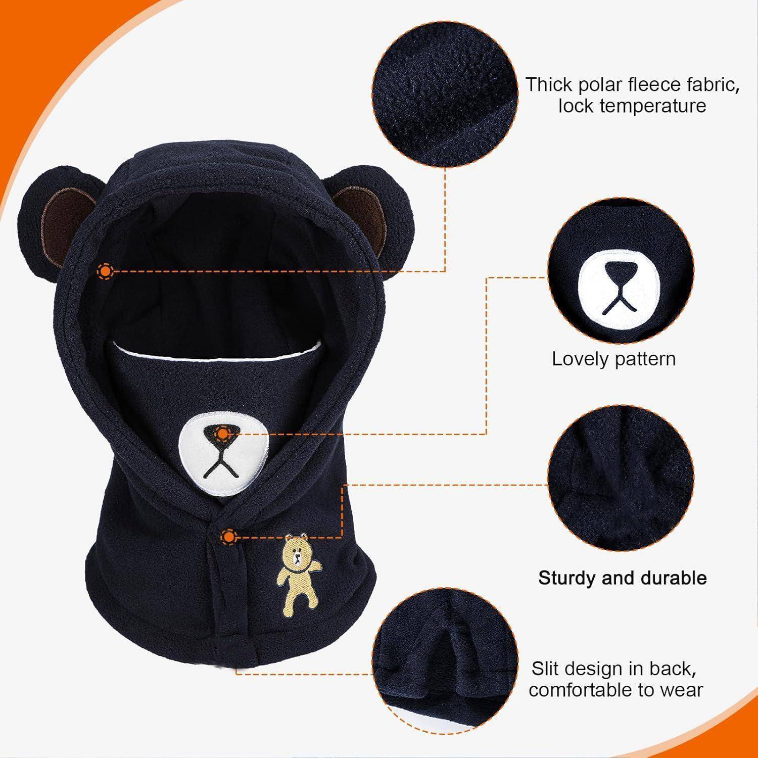 Schwarzbär-inspirierter Kapuzen-Schal aus dickem Polar-Fleece mit illustrierten Hinweisen für Wärmeschutz, Langlebigkeit und ein komfortables Rückenschlitz-Design.