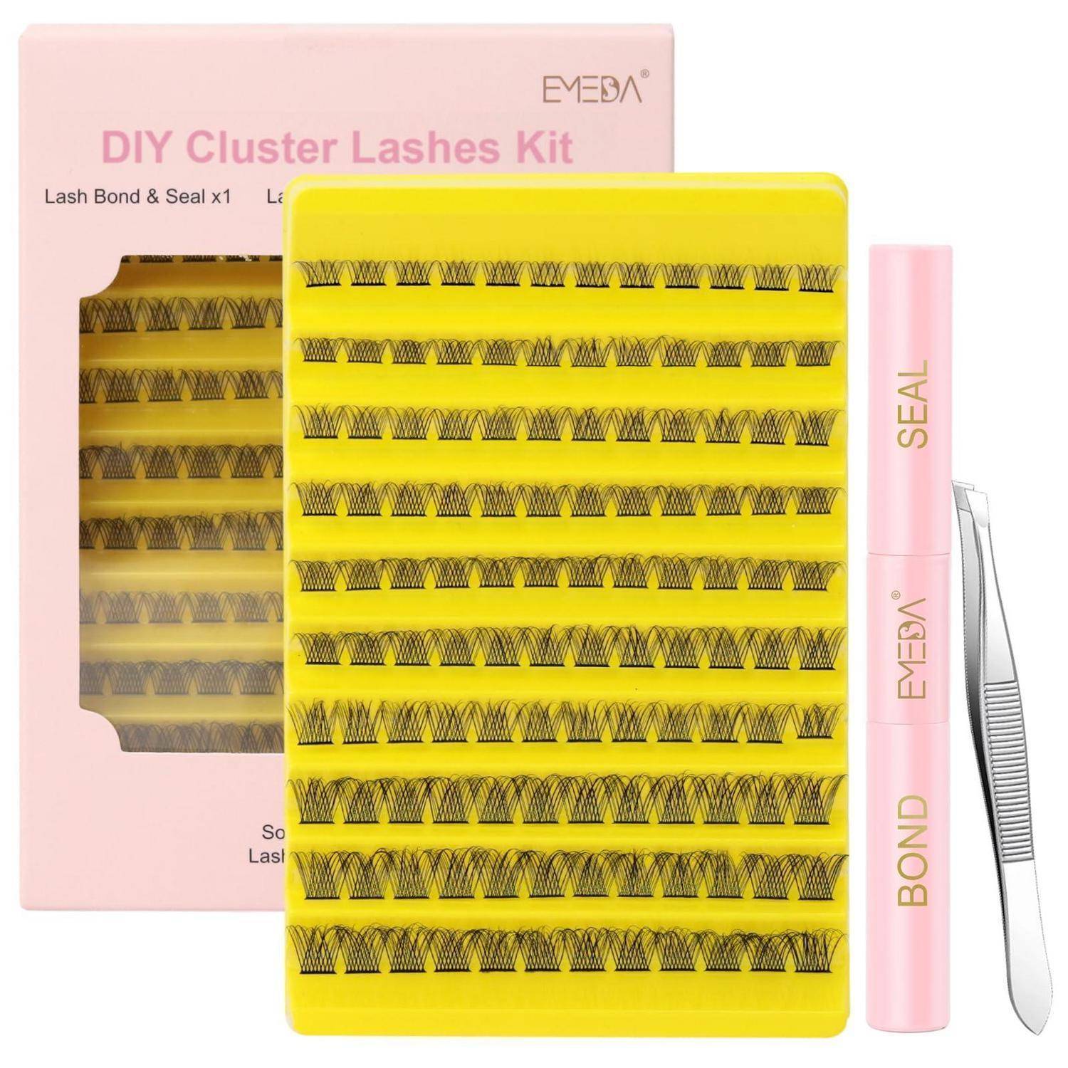DIY Cluster-Wimpern-Set mit gelben Wimpern-Tabletts, rosa Klebe- und Versiegelungstuben und Pinzetten in rosa Verpackung.