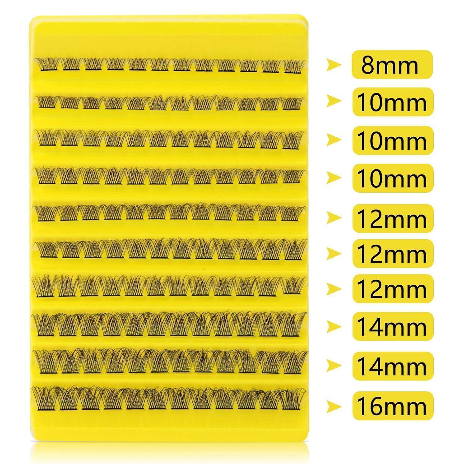Gelber Koffer mit Wimpernverlängerungstablett in verschiedenen Größen mit den Bezeichnungen 8 mm, 10 mm, 12 mm, 14 mm und 16 mm.