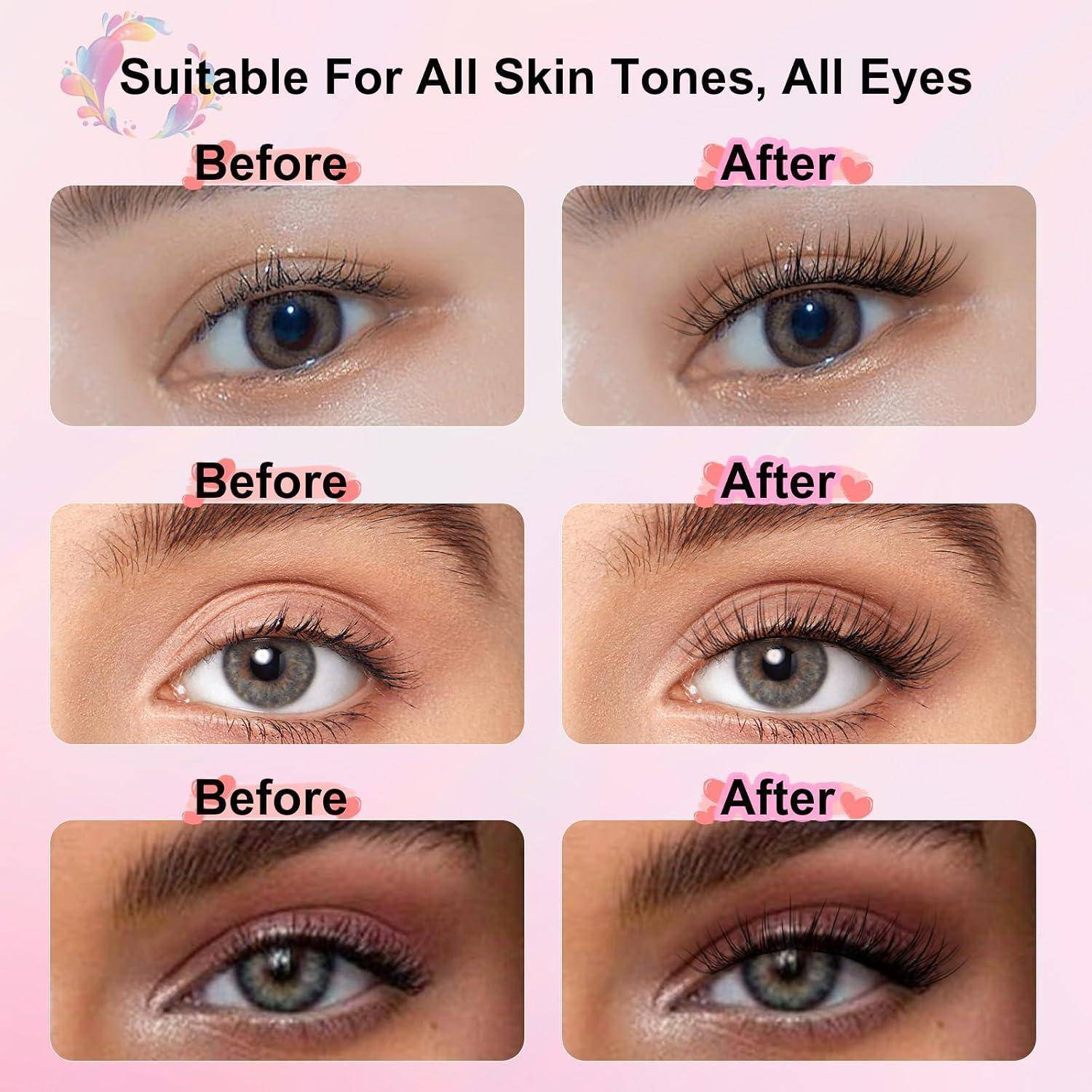 Collage mit drei vorher-nachher Ergebnissen von Augenmake-up mit längeren, volleren Wimpern in den nachher-bildern; der Text sagt „Geeignet für alle Hauttöne, alle Augen