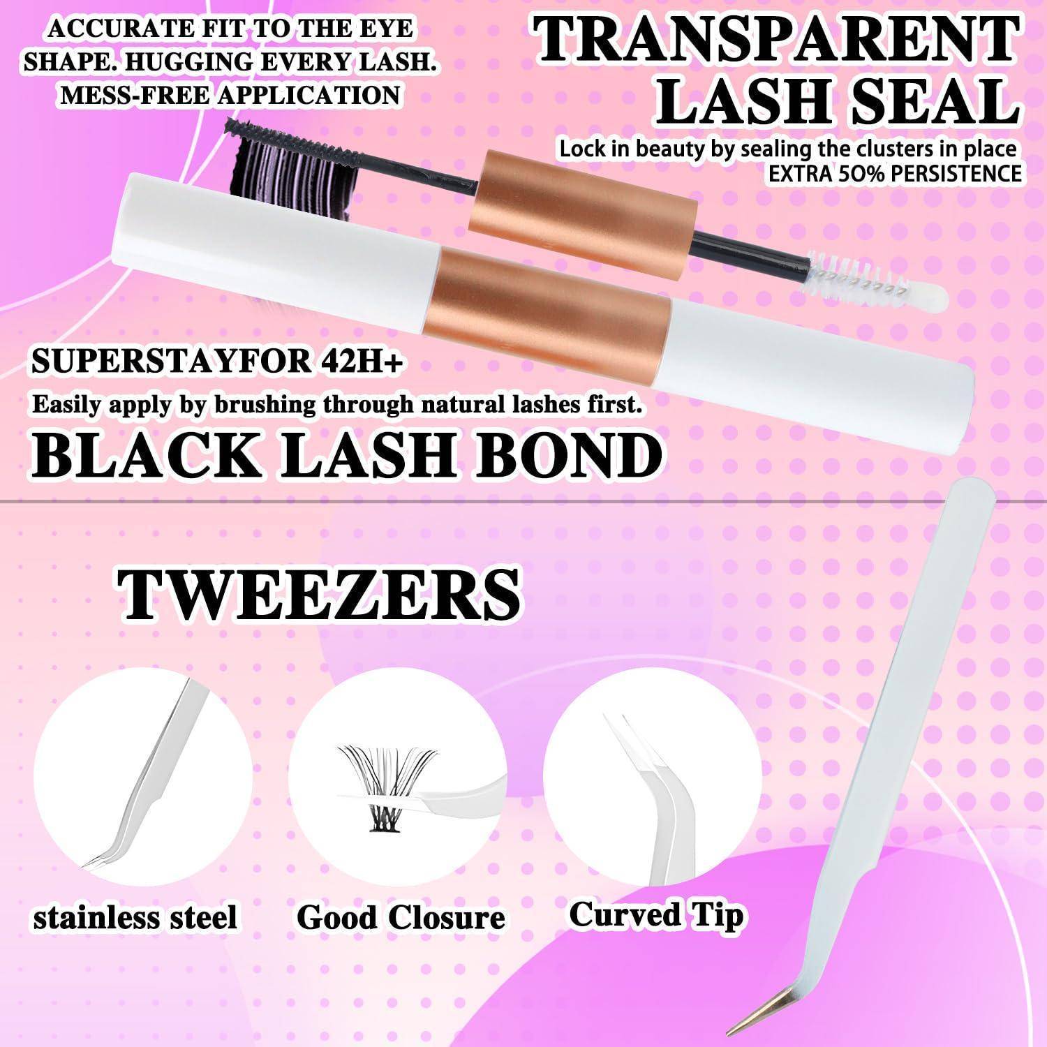 Rosa Werbegrafik für Wimpernprodukte mit mascaraähnlichem Applikator und Pinzette, mit Aussagen wie „TRANSPARENTE WIMPERNVERSIEGELUNG