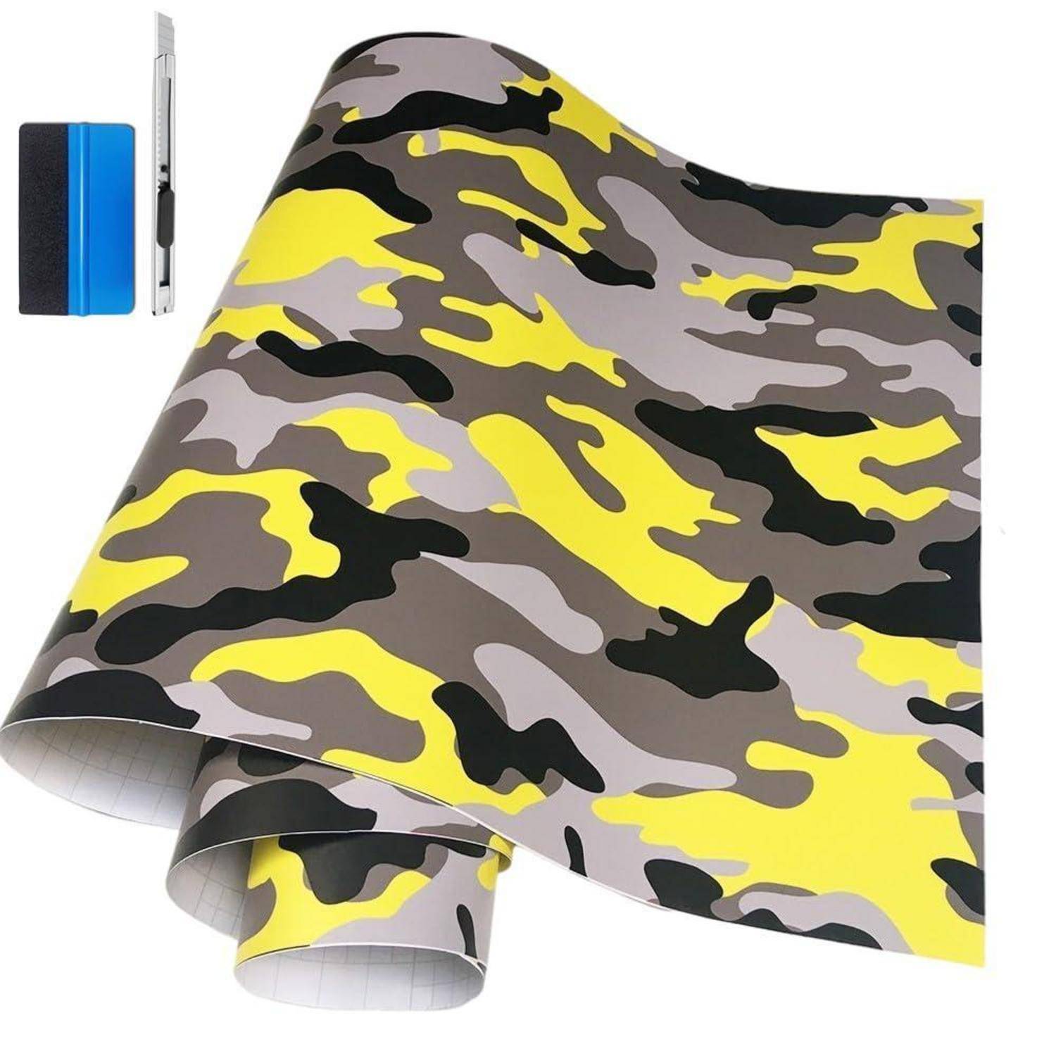 Gelb, grau und schwarz Camouflage-Klebebfolie mit kleinem Cutter und Rakel, die als Anwendungswerkzeuge gezeigt werden.