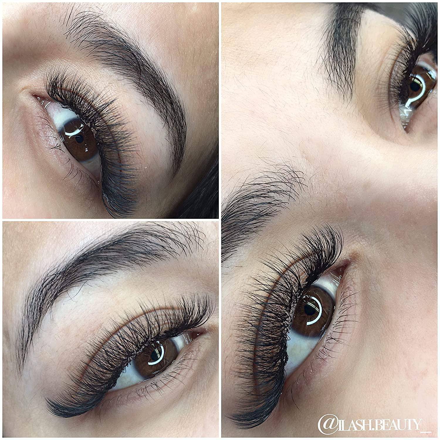 Collage aus Nahaufnahmen von Augen, die lange, dicke Wimpernverlängerungen bei einer Person mit geformten Augenbrauen zeigen.