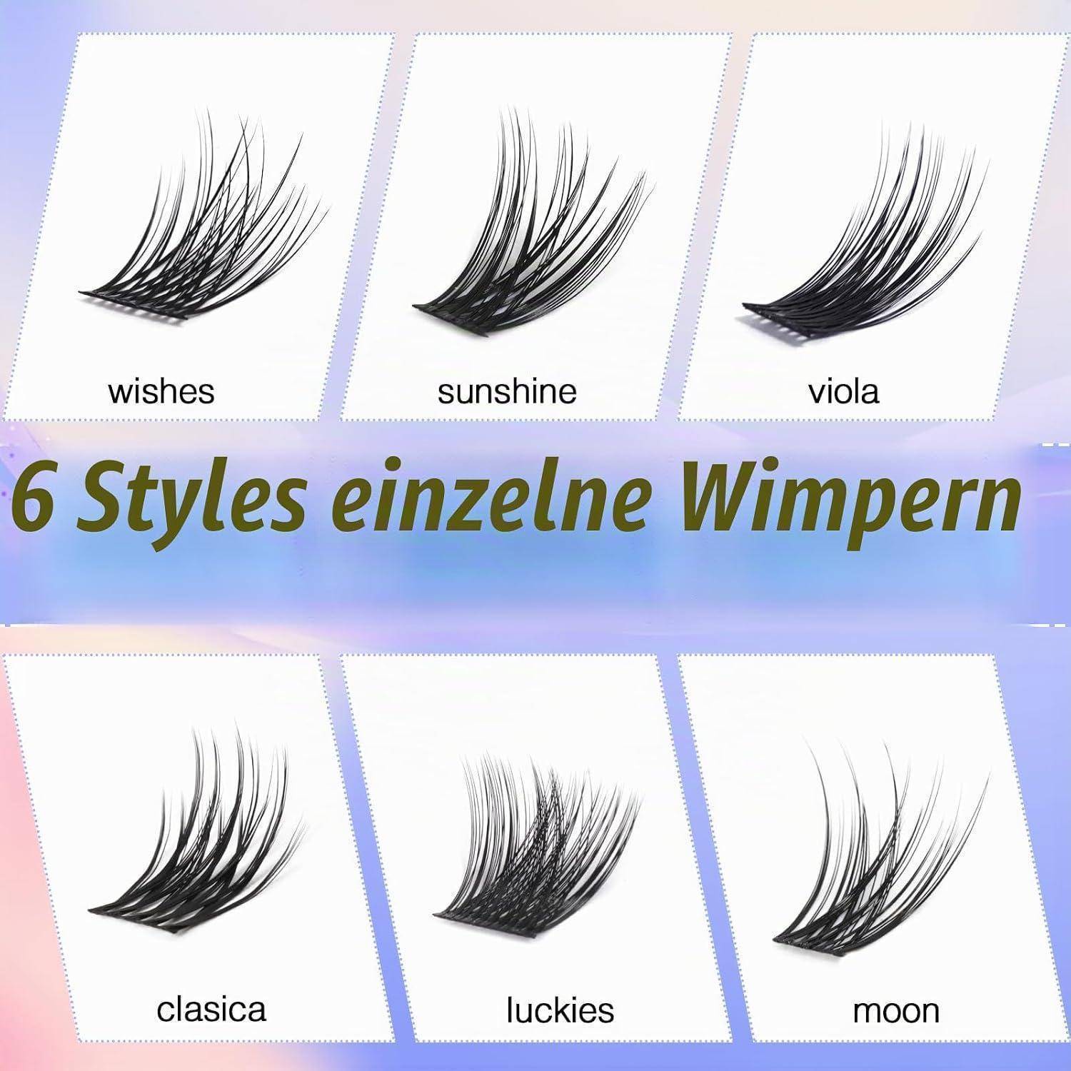 Collage mit sechs einzelnen Wimpernstilen mit den Bezeichnungen Wishes, Sunshine, Viola, Clasica, Luckies und Moon und deutschem Titel „6 Styles einzelne Wimpern