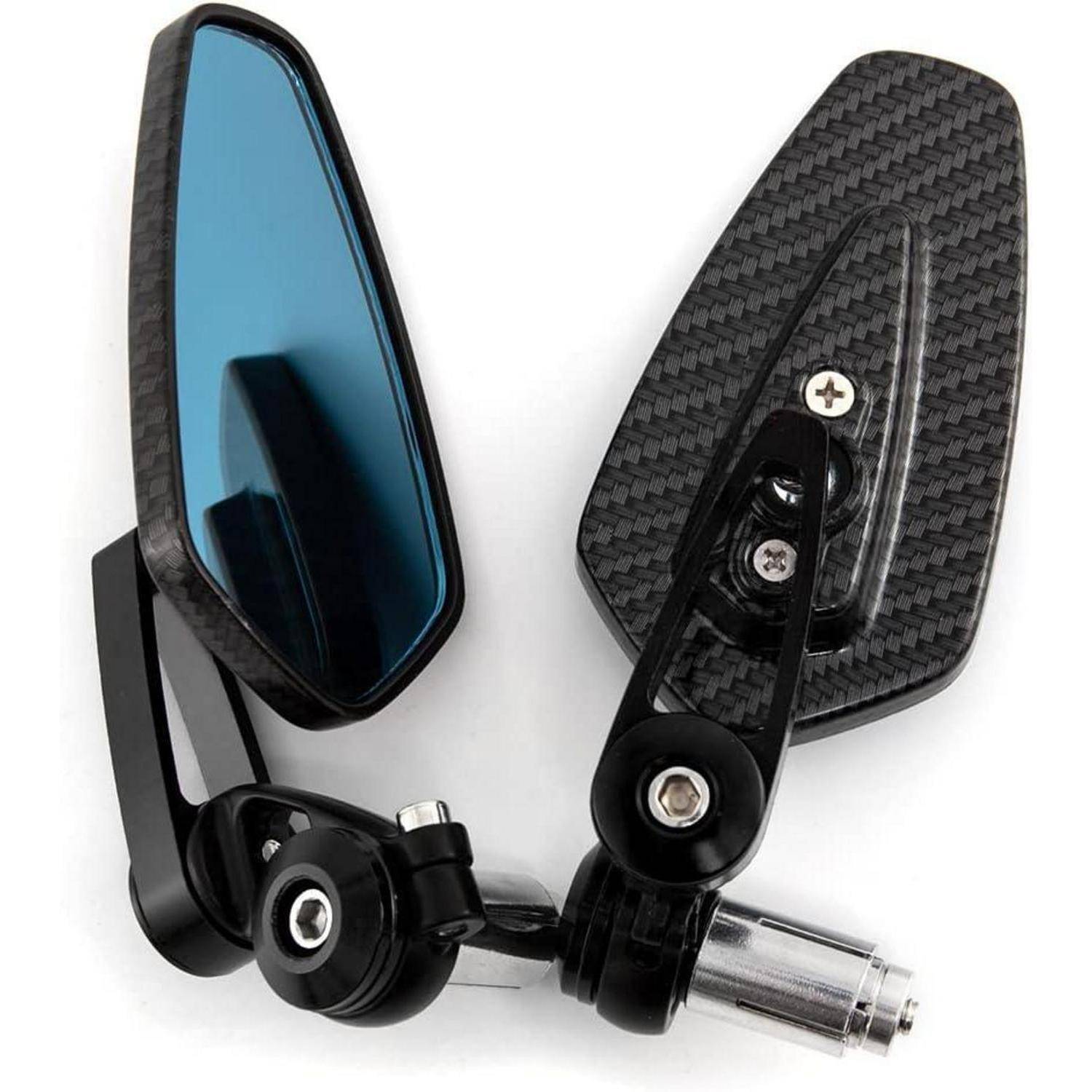 Paar Kohlefaser-Motorrad-Lenkerspigel, einer mit blaugetöntem Spiegelglas und einer mit der Rückseite der Befestigungshardware.