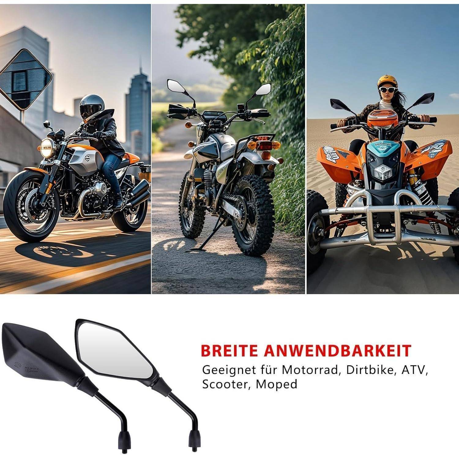 Werbebild von Motorradspiegeln auf drei Fahrzeugen, mit deutschem Text „BREITE ANWENDBARKEIT