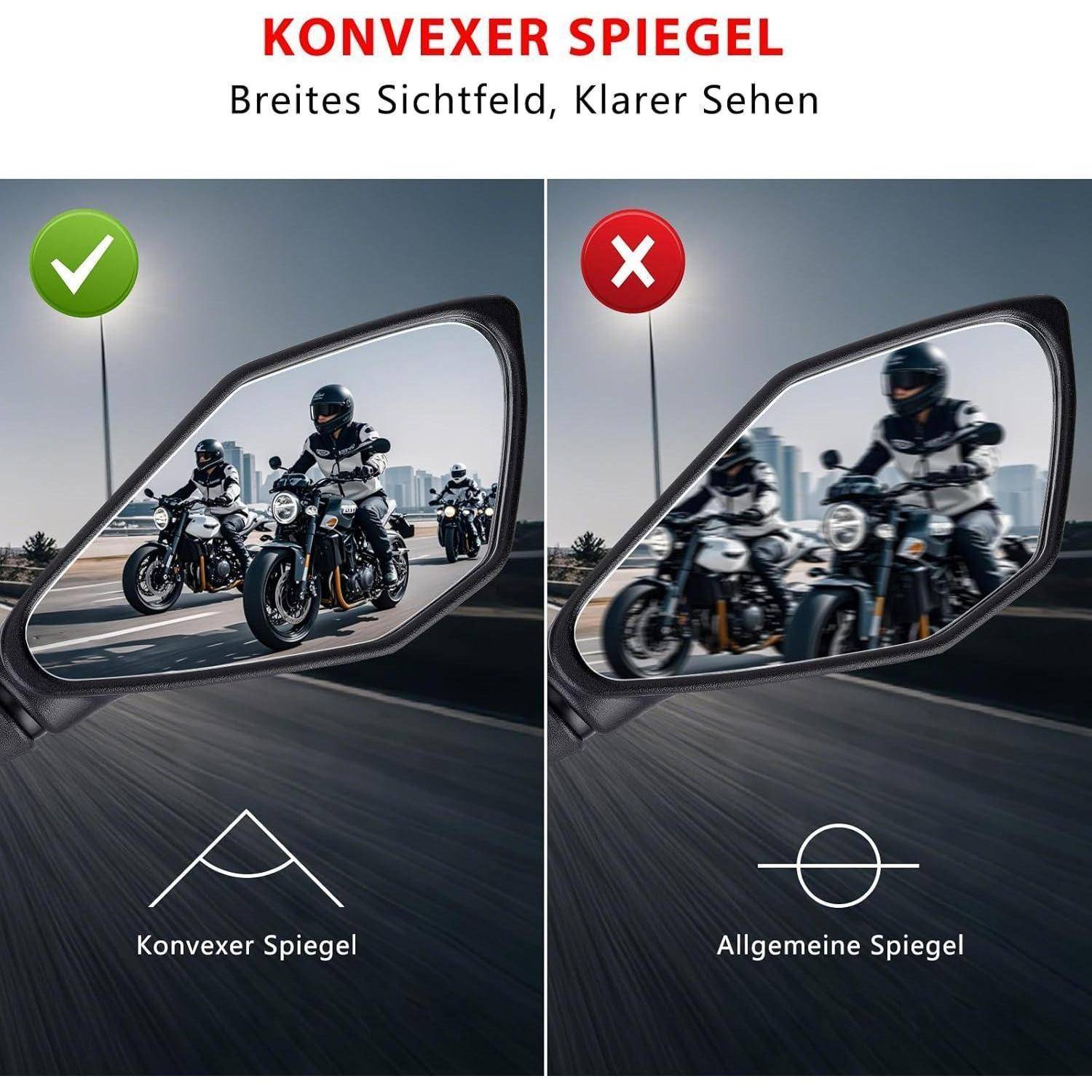 Vergleich von Motorradspiegeln: Konvexspiegel mit korrekter Kennzeichnung zeigt breitere, schärfere Rückansicht; Standardspiegel mit falscher Kennzeichnung zeigt engere, unscharfe Ansicht.