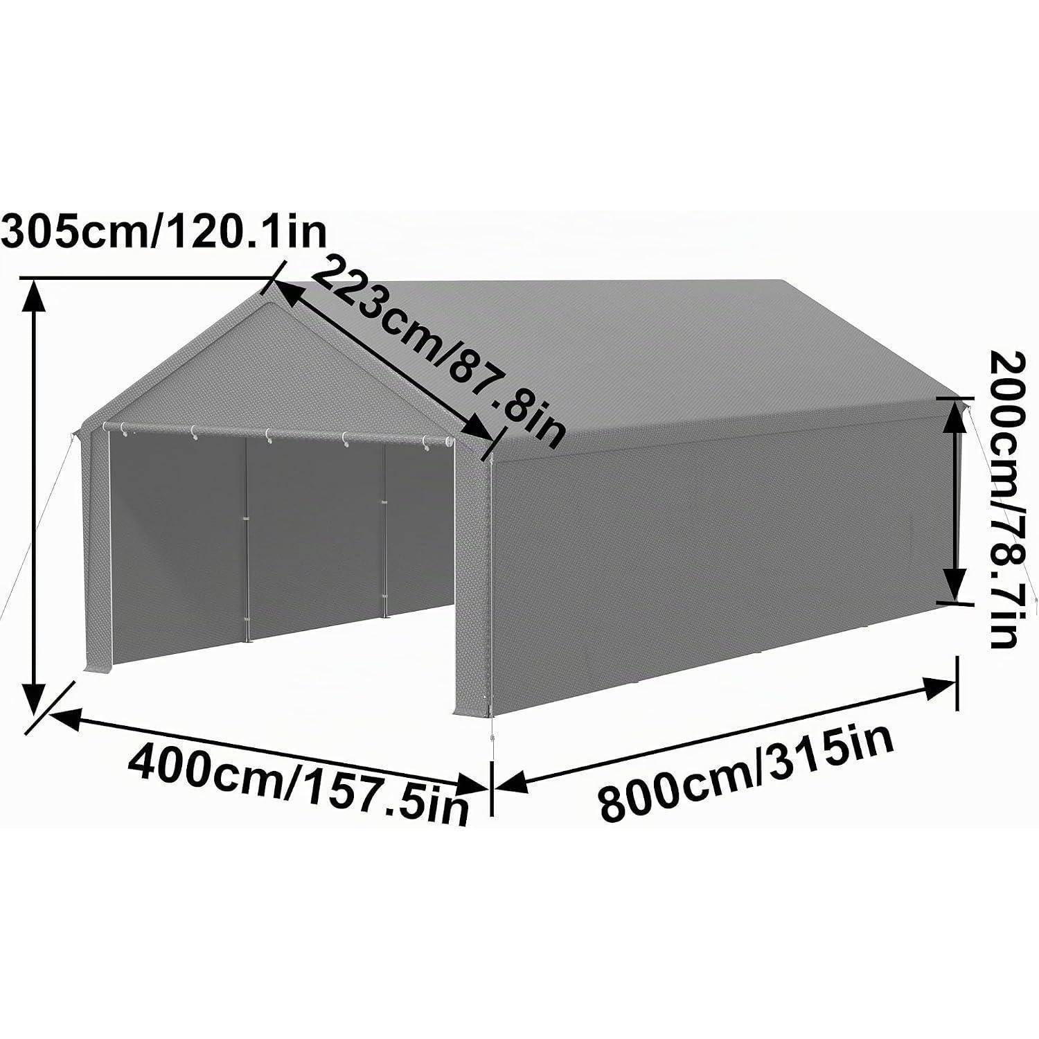 Abbildung eines grauem geschlossenen Zelt-/Garagenschutzes mit gekennzeichneten Maßen: 800 cm lang, 400 cm breit, 305 cm Höhe vorne, 223 cm Dachneigung, 200 cm Seitenhöhe.