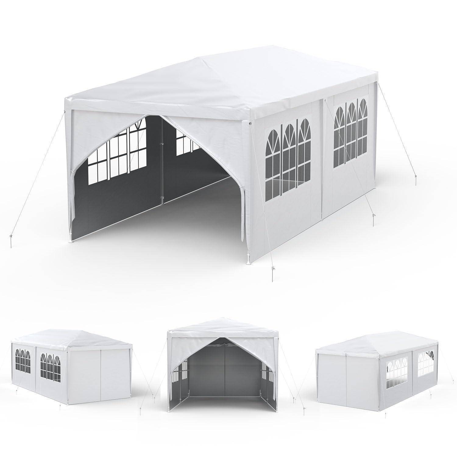 Weißes Outdoor-Pavillon-Zelt mit gewölbtem Eingang und verglasten Seitenpaneelen, dargestellt in drei Ansichten auf neutralem Hintergrund.