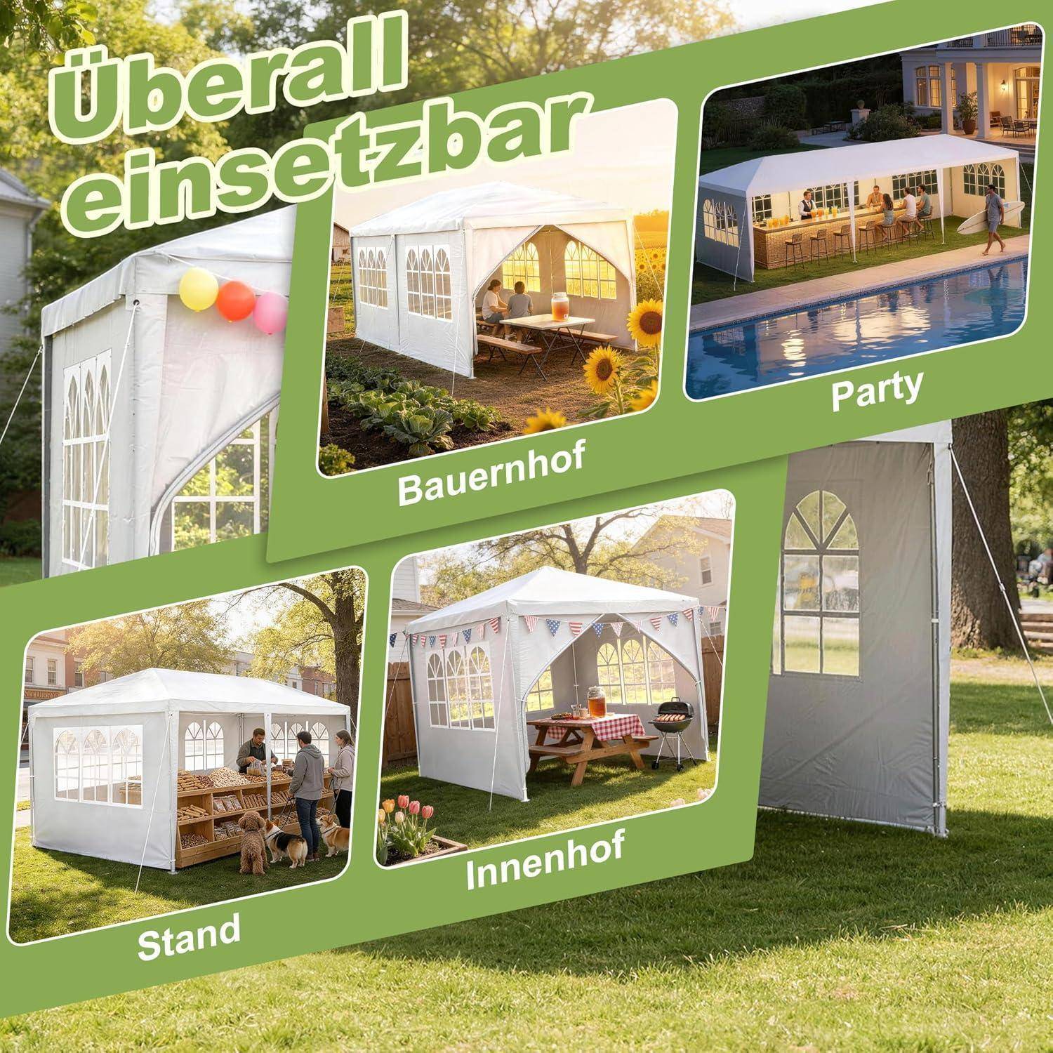 # Werbe-Collage mit weißem Outdoor-Pavillon-Zelt für Farm-, Party-, Innenhof- und Verkäuferstand-Setups; deutscher Text besagt „Überall einsetzbar" und kennzeichnet jeden Einsatz.