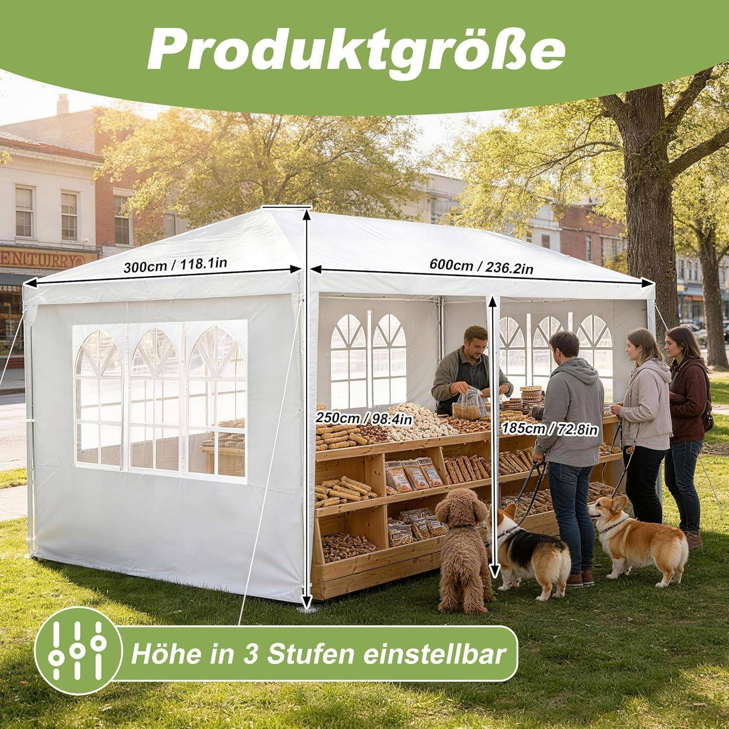 Illustration eines weißen Outdoor-Pavillon-Zelts mit Produktgrößenbezeichnungen: 300 cm breit, 600 cm lang, 250 cm hoch und verstellbare Höhe in 3 Stufen.