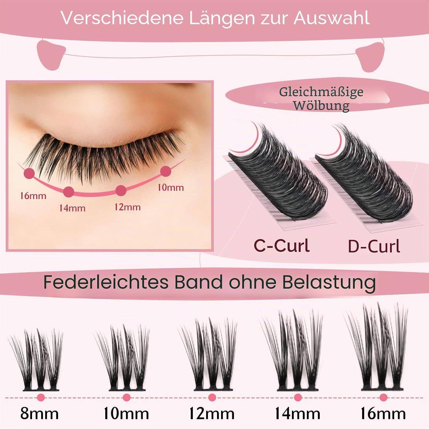 Infografik mit Optionen für Wimpernverlängerungen: Längen 8 mm, 10 mm, 12 mm, 14 mm, 16 mm; C-Curl und D-Curl mit einer einheitlichen Kurve und einem leichten Band.