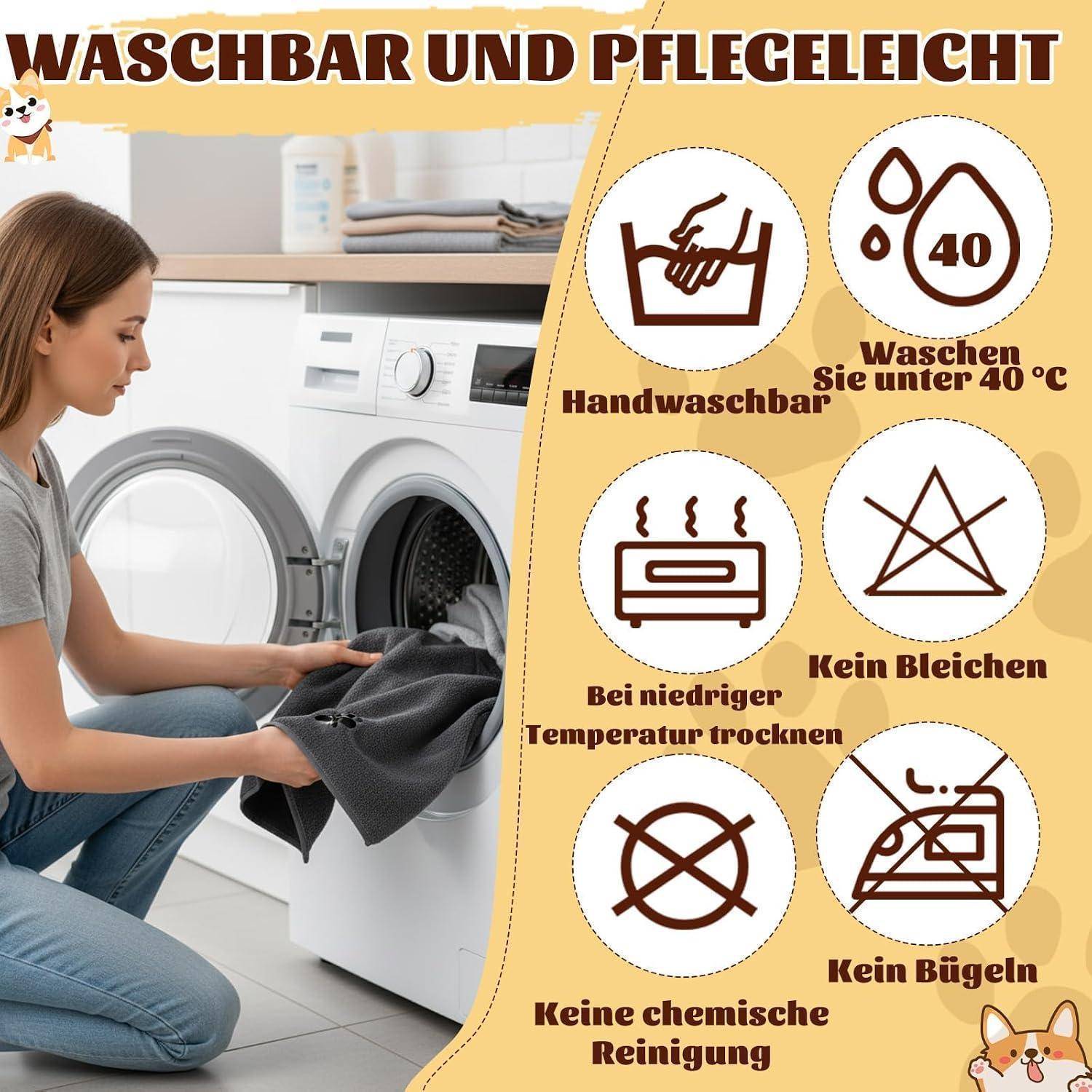 Frau lädt Wäsche in eine Waschmaschine; Pflegeetiketten zeigen Handwäsche, Waschen unter 40°C, bei niedriger Temperatur trocknen, kein Bleichmittel, keine chemische Reinigung, nicht bügeln.