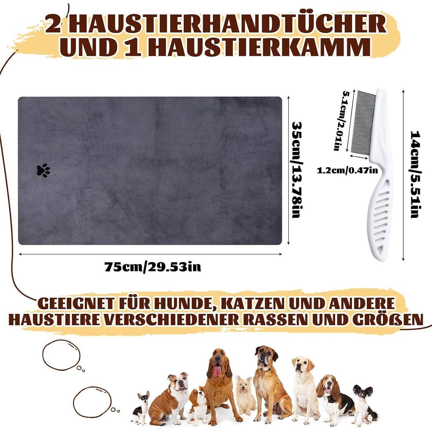 Haustierpflegeset mit 2 Handtüchern und 1 Haustier-Kamm; Handtuch misst 75 x 35 cm, Kamm 14 cm, gezeigt für Hunde und Katzen.