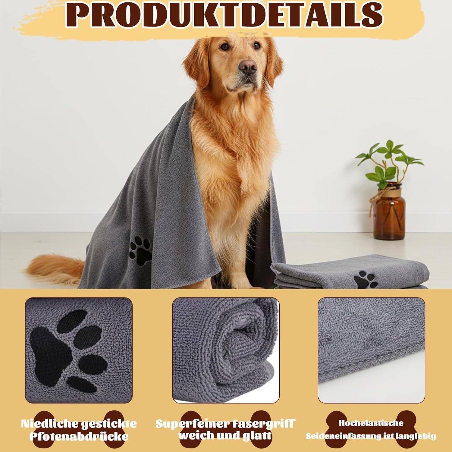 Produktdetailbild mit einem Golden Retriever, der in ein graues Haustier-Handtuch/eine Decke mit Pfotenbadruck-Stickerei gehüllt ist, sowie Nahaufnahmen der Stoffstruktur und des aufgerollten Handtuchs.