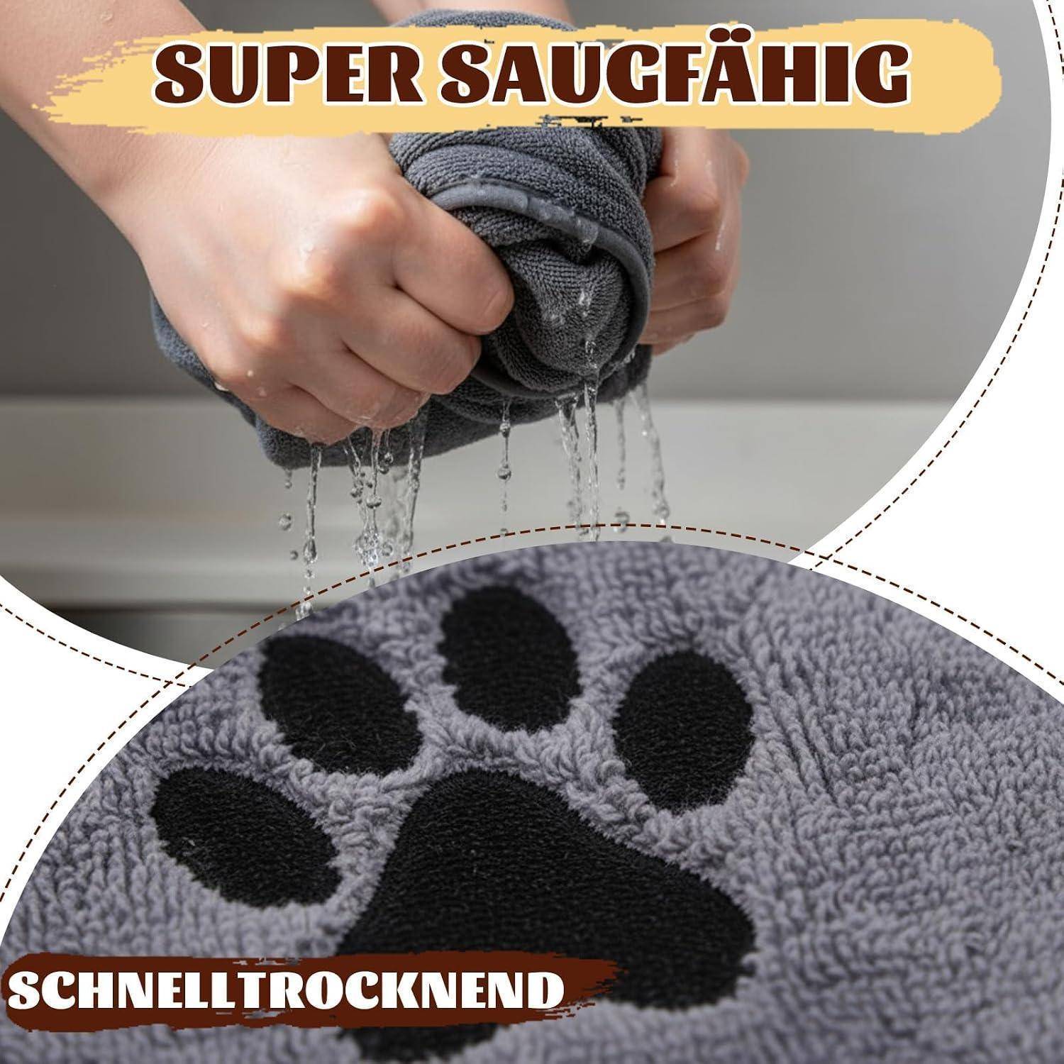 Werbeanzeige zeigt ein Handtuch, das von Hand ausgewrungen wird, mit Betonung auf „super saugfähig" und „trocknet schnell"" mit einem vergrößerten Pfotendruck-Handtuch-Design.