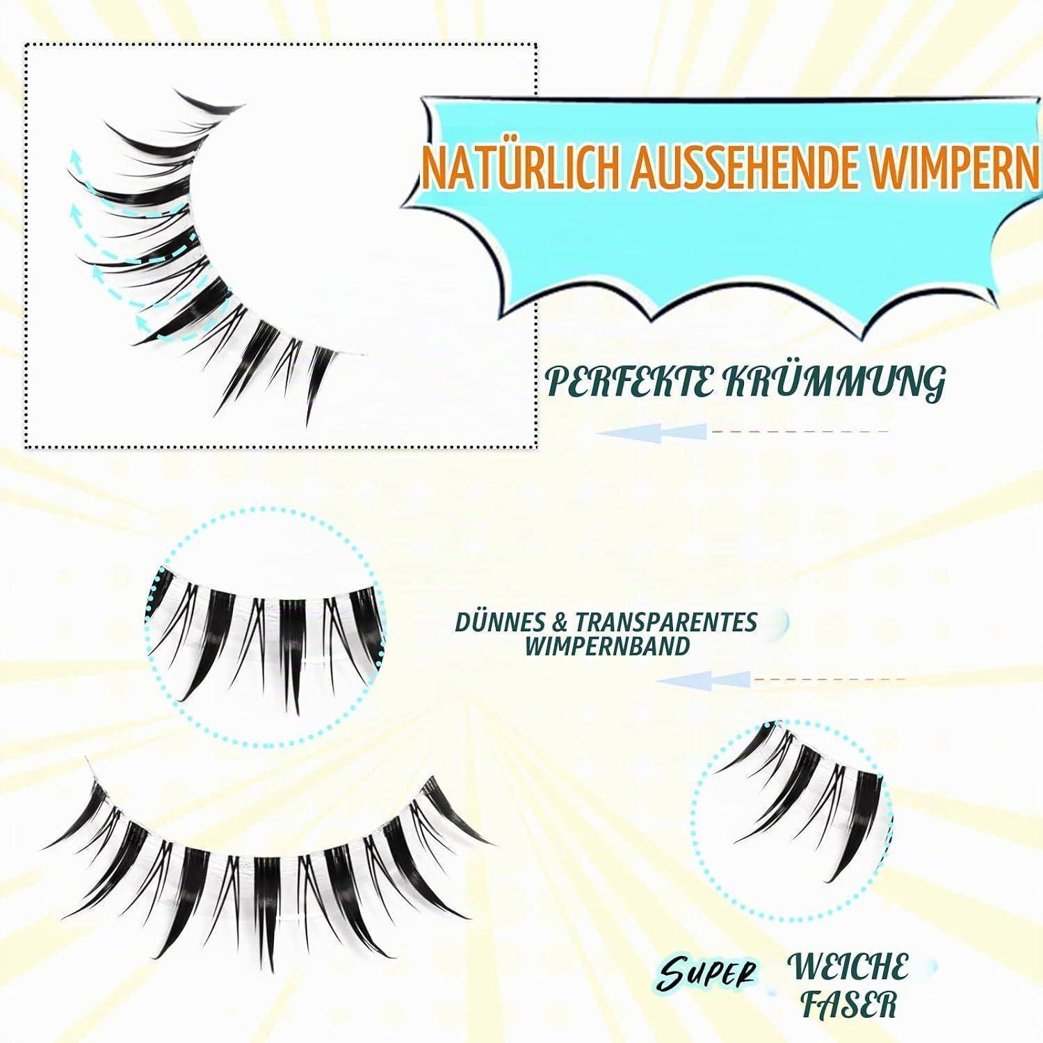 Promotional graphic showing false eyelashes with German labels: 'NATÜRLICH AUSSEHENDE WIMPERN', 'PERFEKTE KRÜMMUNG', 'DÜNNES & TRANSPARENTES WIMPERNBAND', 'SUPER WEICHE FASER'.