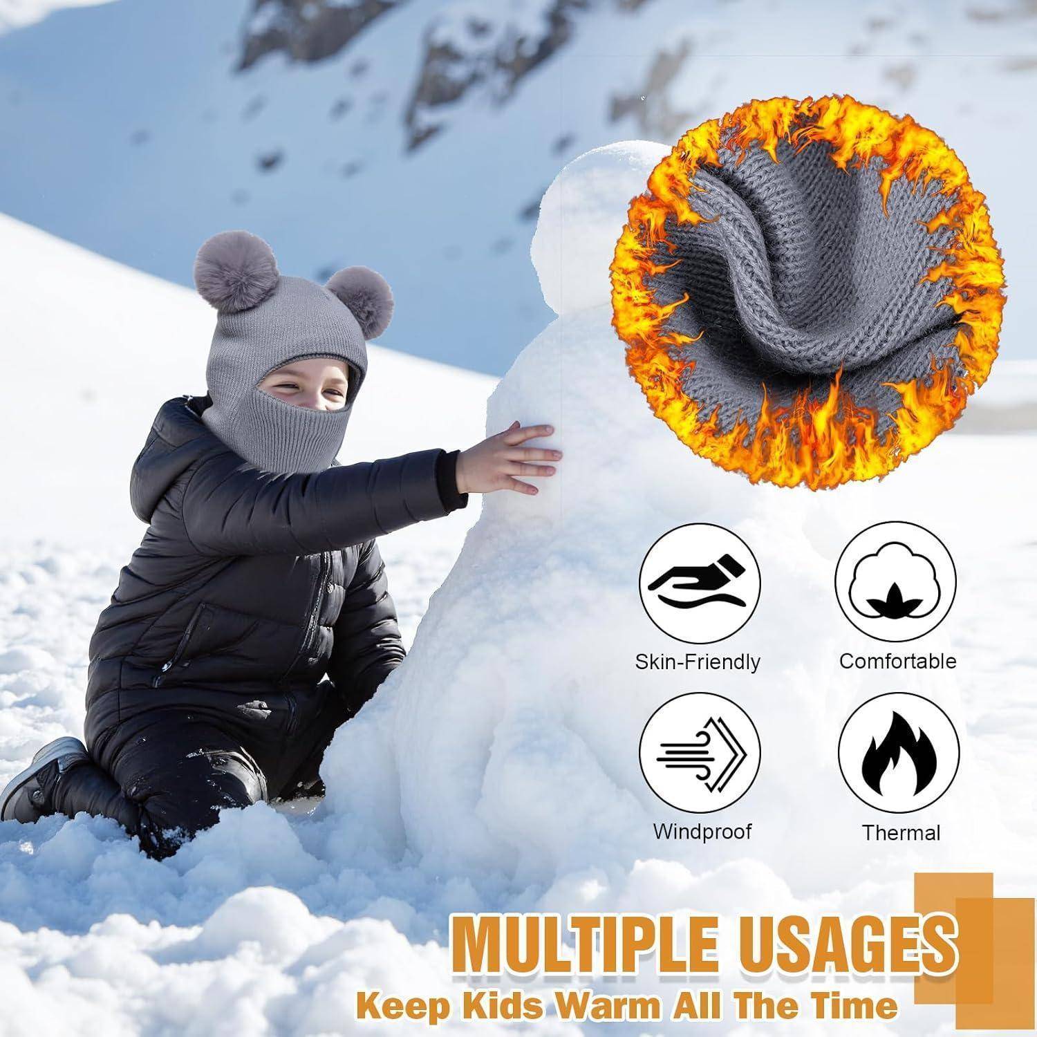 Kind in Winterkleidung baut einen Schneemann, mit eingefügtem Bild einer warmen gestrickten Gesichtsmaske und Symbolen mit den Bezeichnungen Hautfreundlich, Komfortabel, Winddicht und Thermisch, plus Text „MEHRFACHE VERWENDUNGSZWECKE