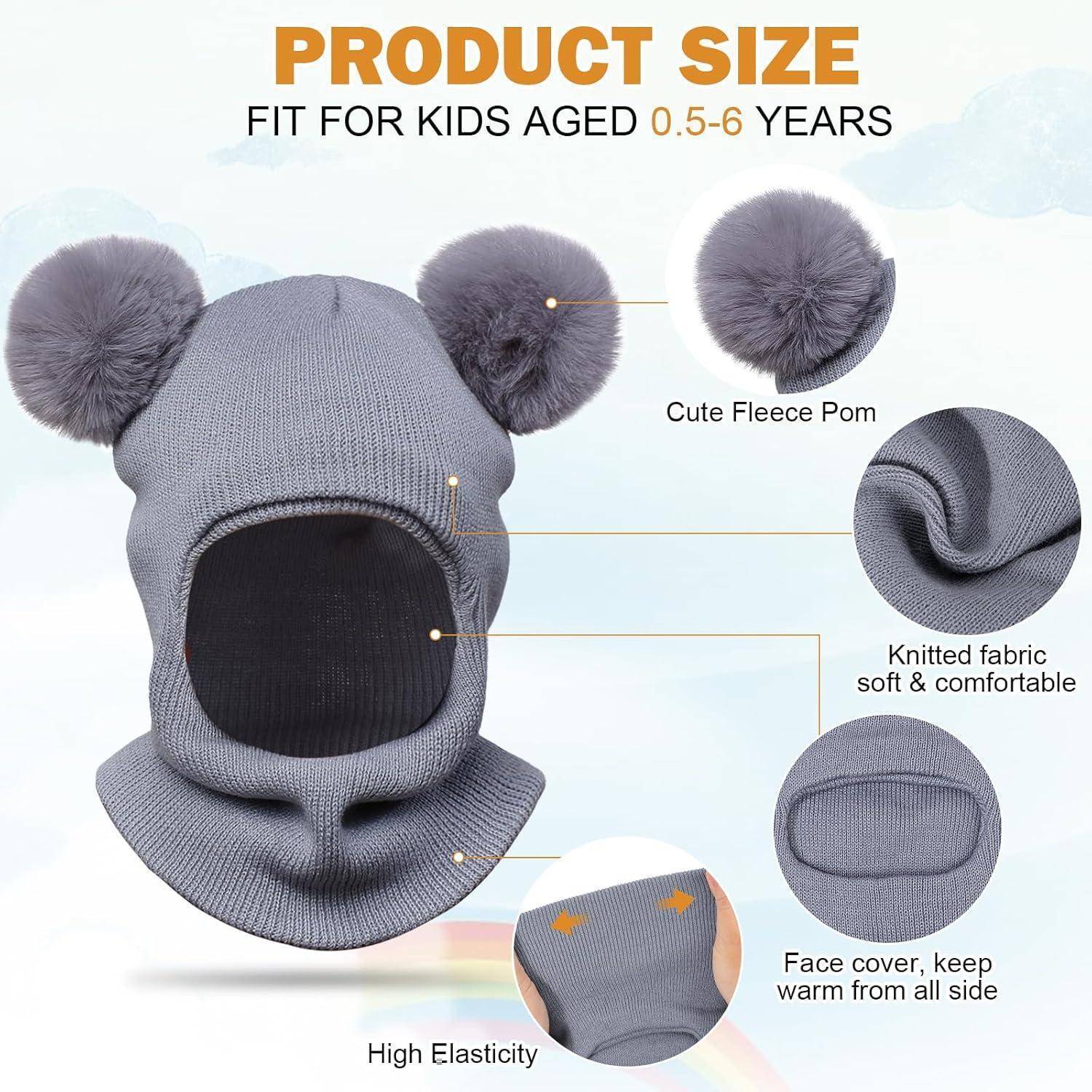 Größentabelle für Kinder im Alter von 0,5 bis 6 Jahren mit einer grauen gestrickten Wintermütze mit Bommeln und Beschriftungen für Fleece-Bommel, weiches Material, Gesichtsabdeckung und hohe Elastizität.