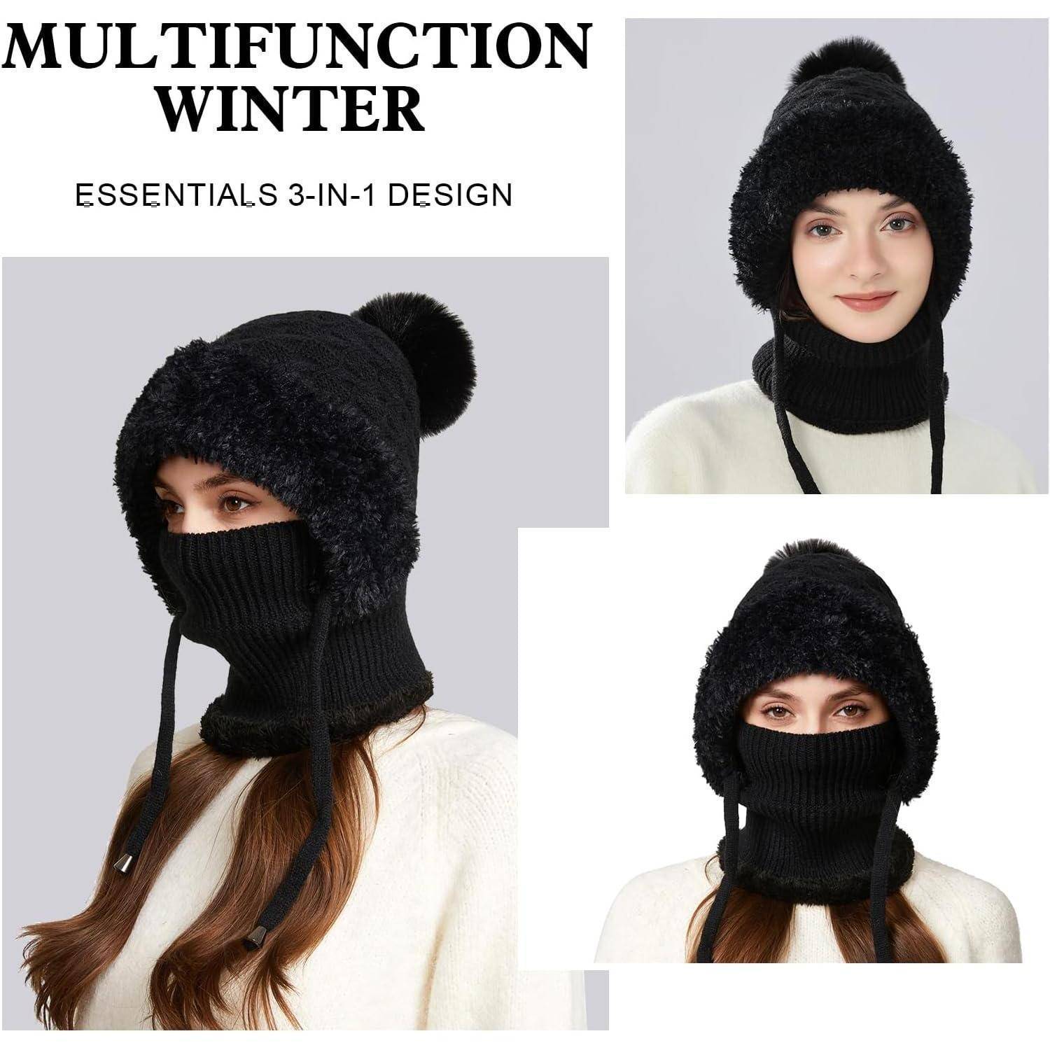 Produktcollage eines schwarzen 3-in-1-Winterhutes, einer Gesichtsmaske und eines Nackenwärmers, getragen von einer Frau, mit der Bezeichnung „MULTIFUNKTIONALE WINTER-ESSENTIALS 3-IN-1-DESIGN".
