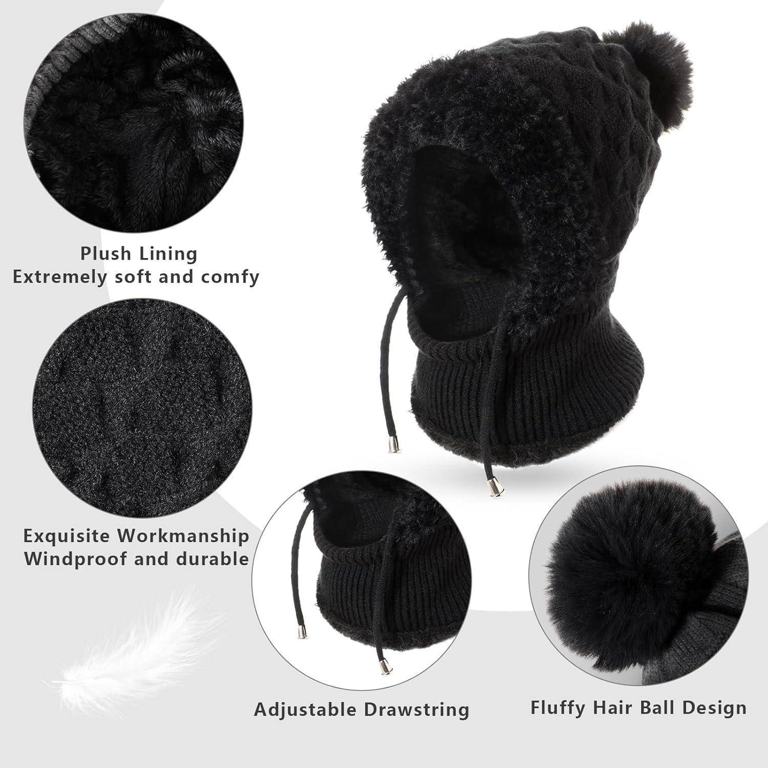 Schwarze Wintertrappermütze mit flauschiger Fütterung, verstellbarer Zugschnur und flauschigem Pompon; Hervorhebungen weisen auf weiche, winddichte und langlebige Details hin.
