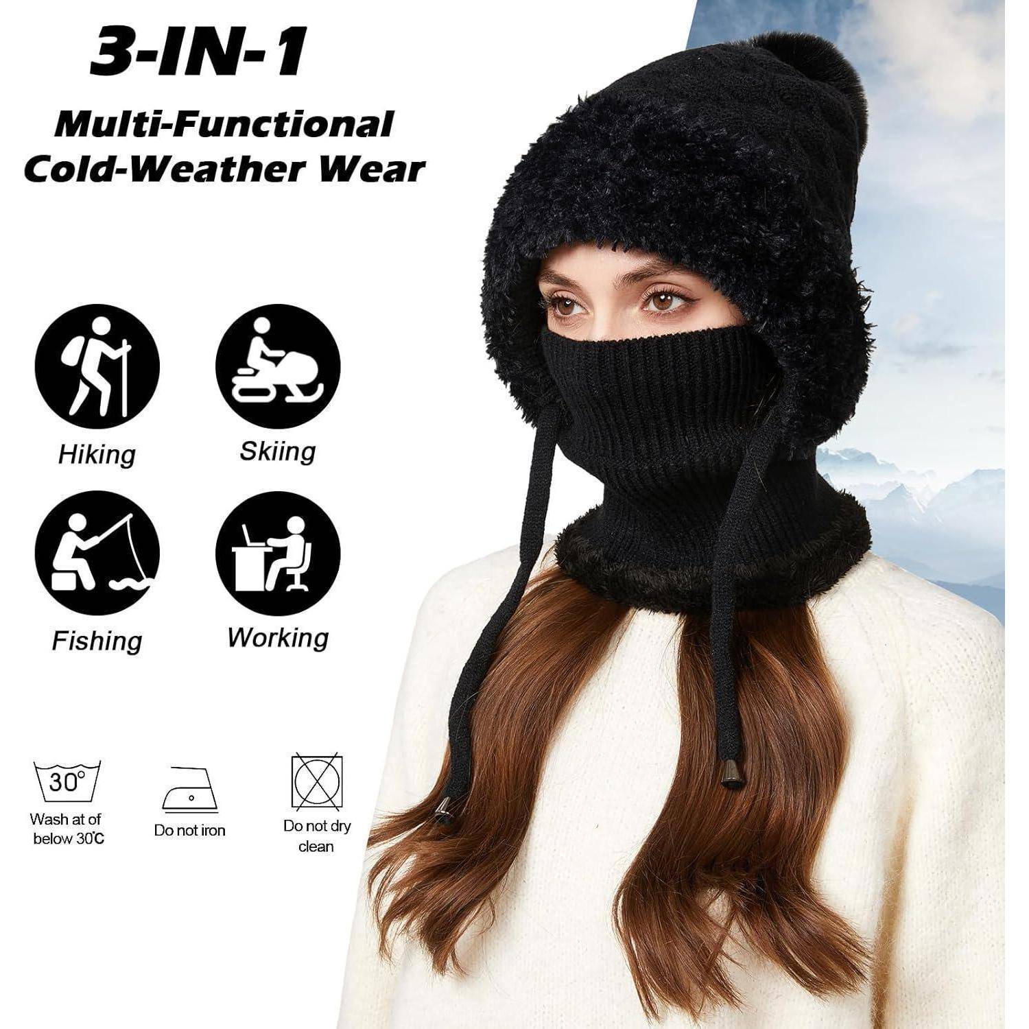 Modell trägt schwarze 3-in-1-Kältemütze und Gesichtsmaske; Symbole zeigen Verwendungen beim Wandern, Skifahren, Angeln und Arbeiten sowie Pflegeanweisungen.