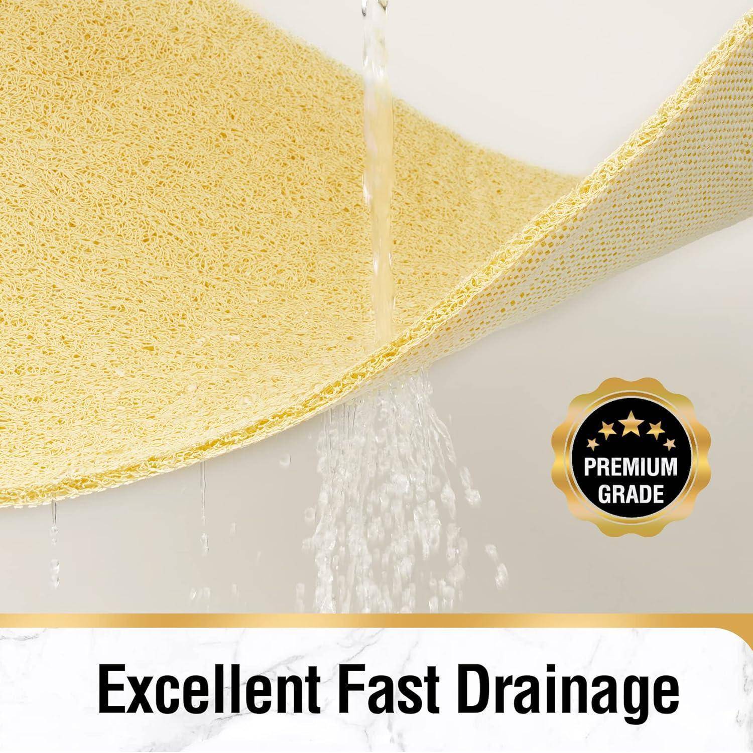Nahaufnahme einer gelben Mesh-Drainagematte mit Wasser, das hindurchfließt, mit den Aufschriften „Premium Grade