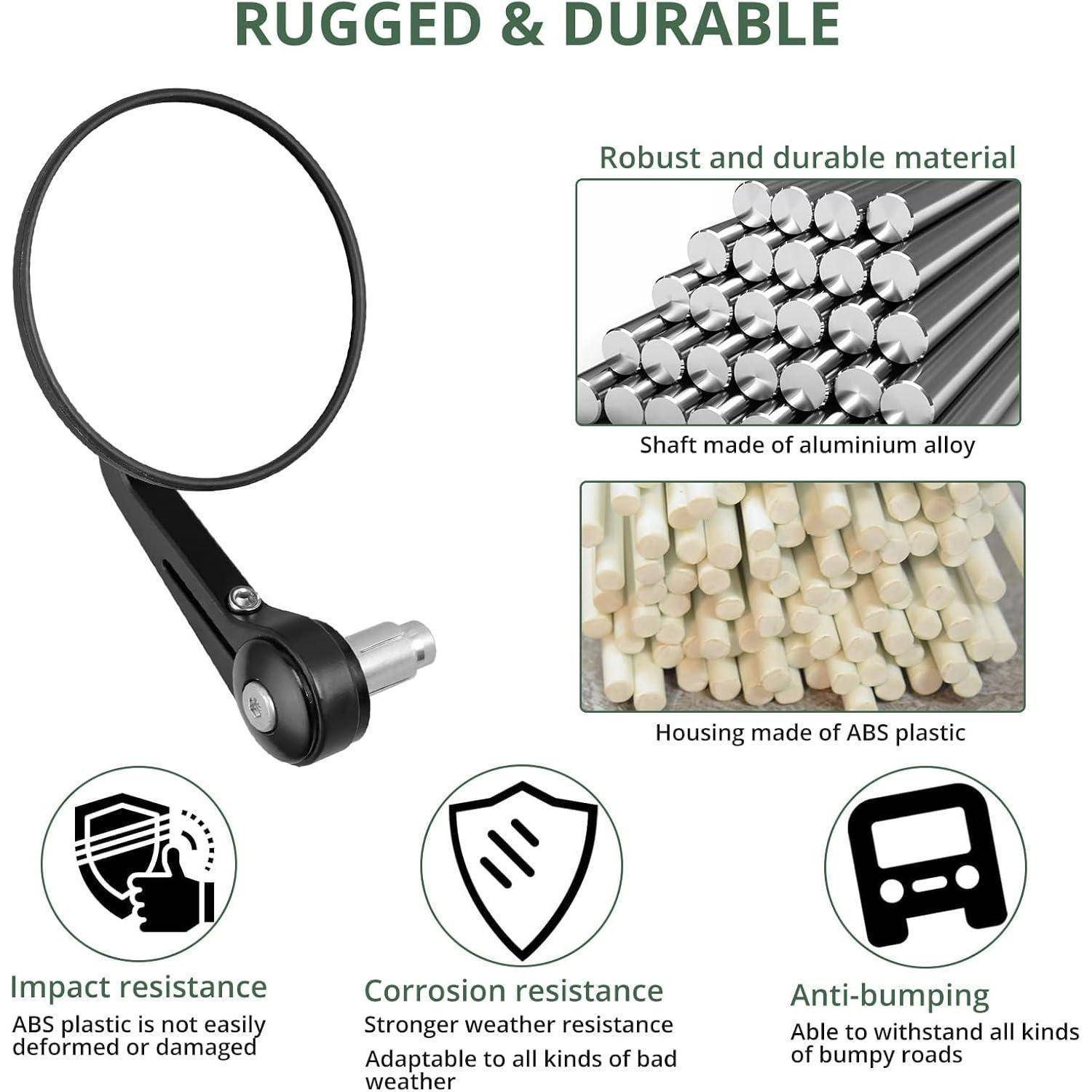 Produktgrafik für eine robuste Lupe mit Aluminiumlegierungsschaft, Kunststoffgehäuse aus ABS und Symbolen für Schlag-, Korrosions- und Stoßbeständigkeit.