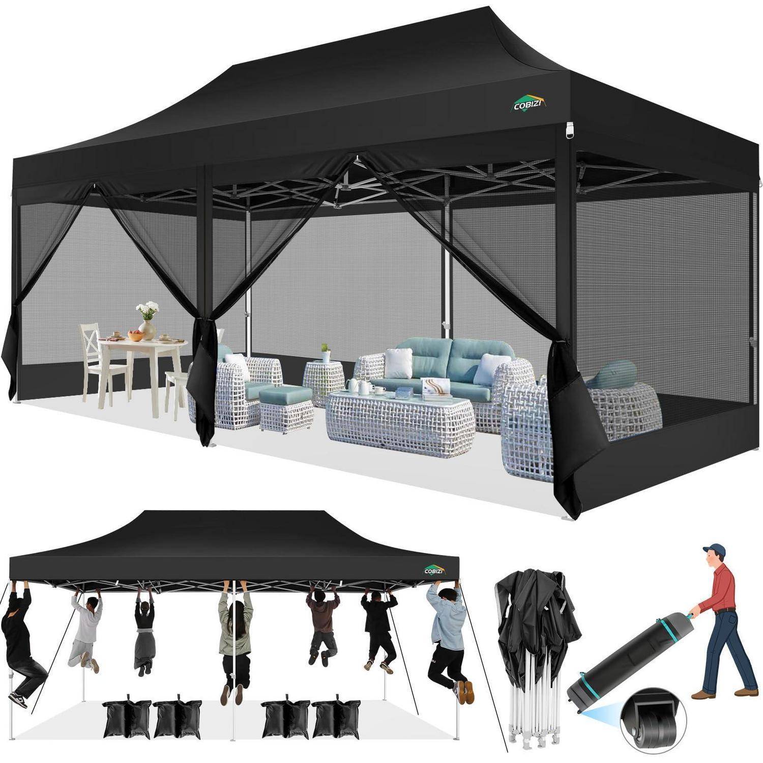Schwarzes Pop-up-Baldachindach mit Netzeseitenwänden und Gartenmöbeln im Freien dargestellt, vollständig montiert, sowie kleinere eingefügte Ansichten von Personen, die es beim Aufbau aufhängen und es in einer Reisetasche mit Rädern tragen.